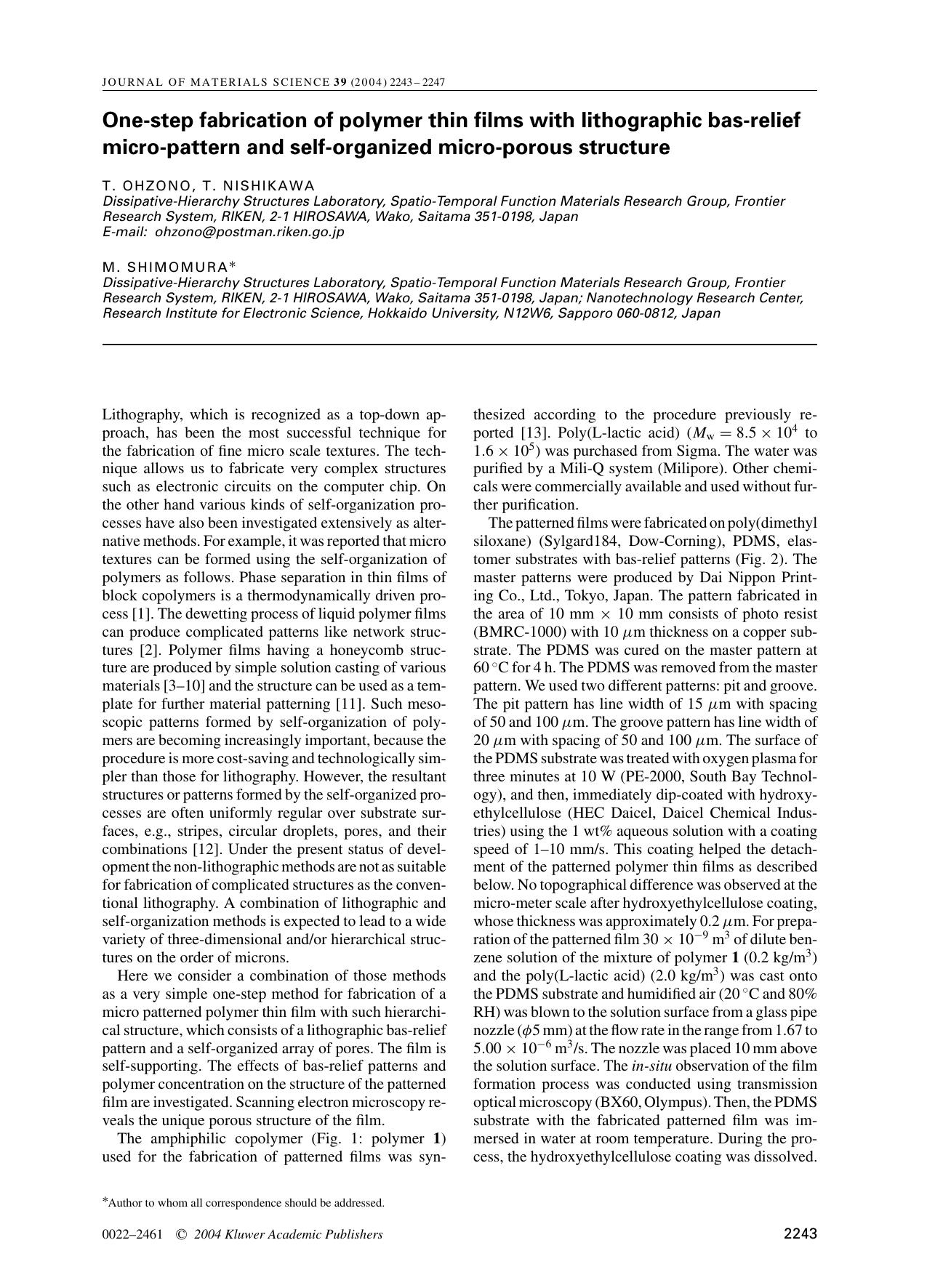 One-step fabrication of polymer thin films with lithographic bas-relief micro-pattern and self-organized micro-porous structure by Unknown