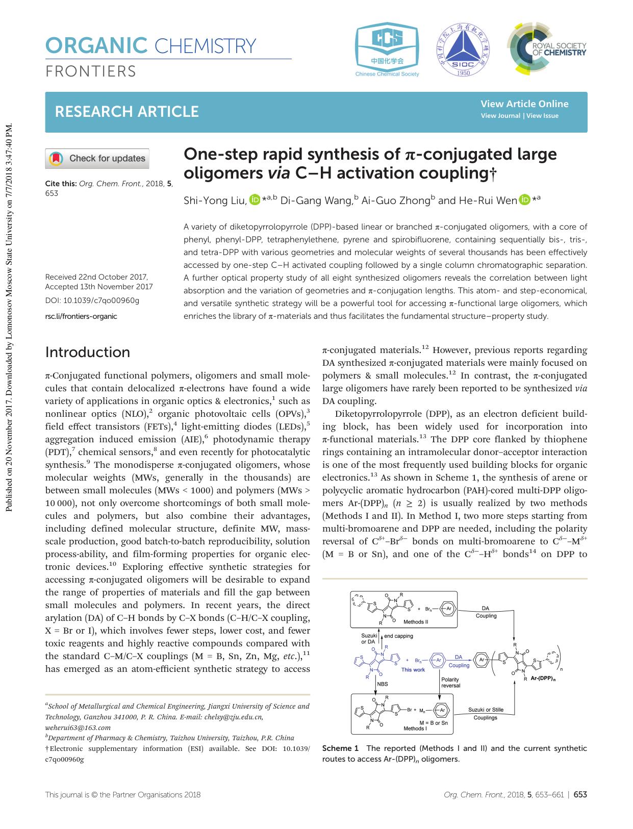 One-step rapid synthesis of Ï-conjugated large oligomers via CâH activation coupling by Shi-Yong Liu Di-Gang Wang Ai-Guo Zhong He-Rui Wen