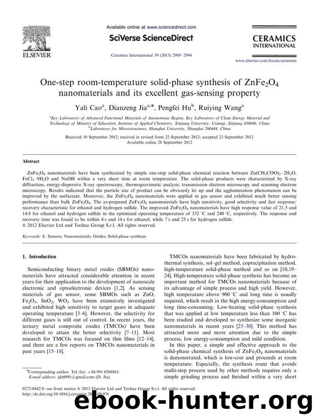 One-step room-temperature solid-phase synthesis of ZnFe2O4 nanomaterials and its excellent gas-sensing property by Yali Cao & Dianzeng Jia & Pengfei Hu & Ruiying Wang