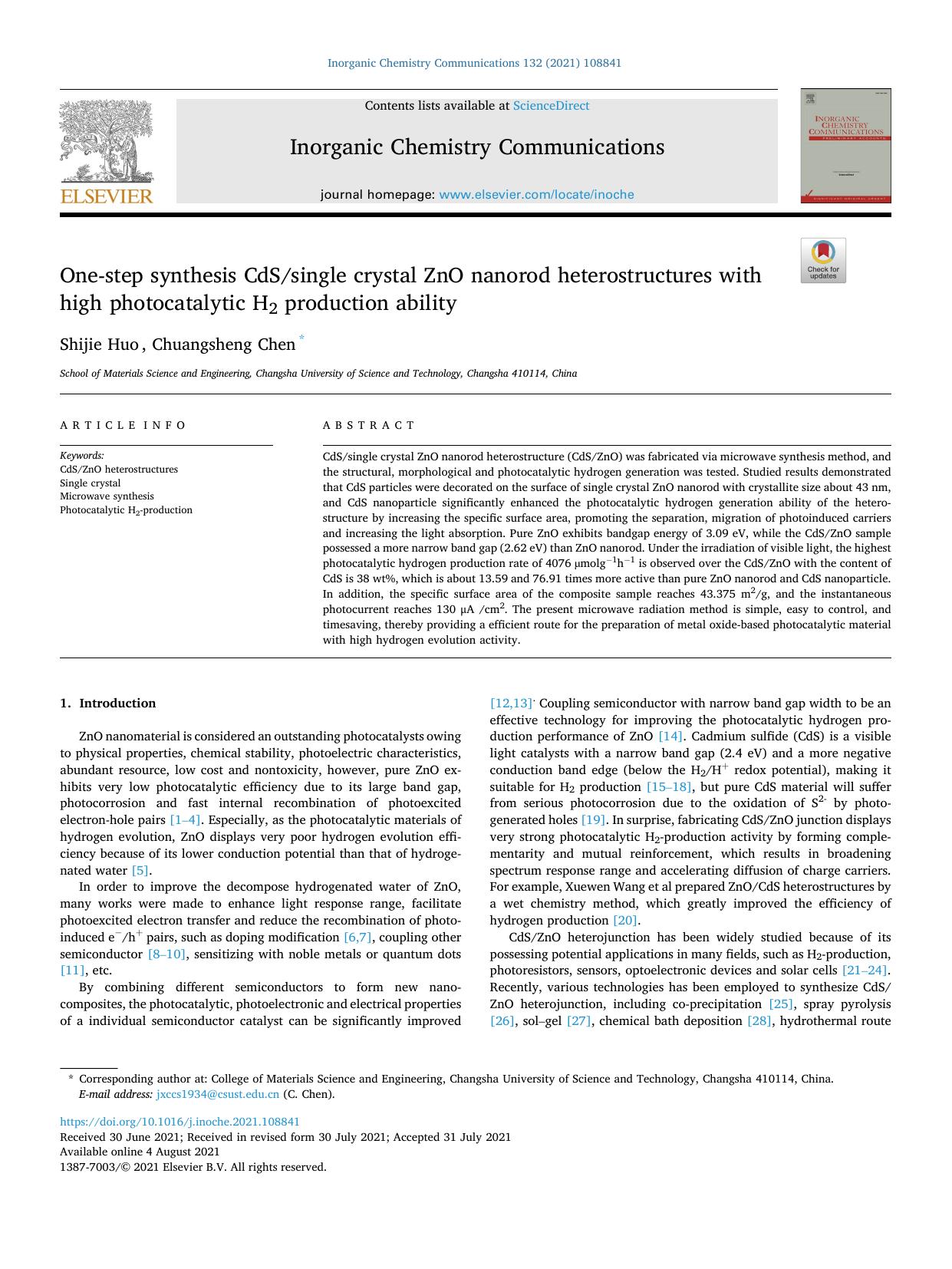 One-step synthesis CdSsingle crystal ZnO nanorod heterostructures with high photocatalytic H2 production ability by Shijie Huo