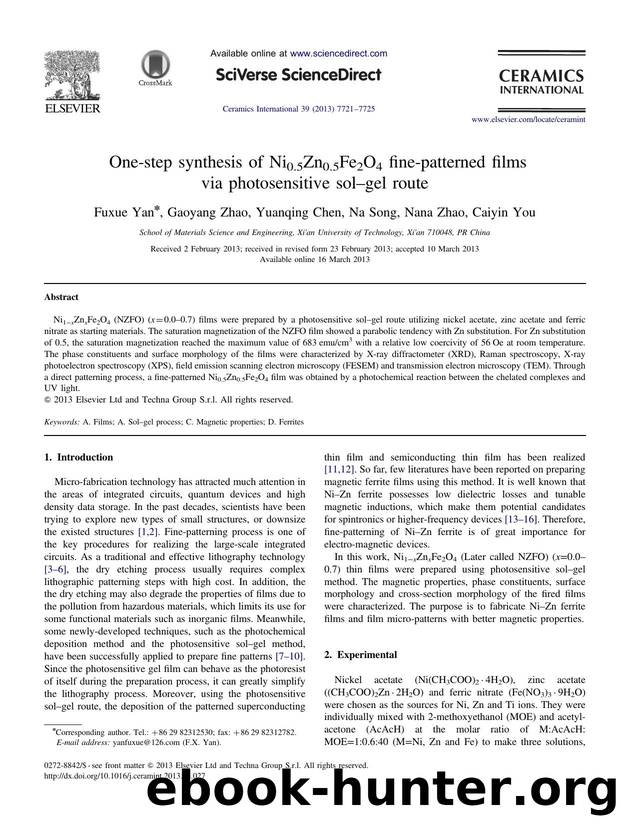 One-step synthesis of Ni0.5Zn0.5Fe2O4 fine-patterned films via photosensitive solâgel route by Fuxue Yan & Gaoyang Zhao & Yuanqing Chen & Na Song & Nana Zhao & Caiyin You