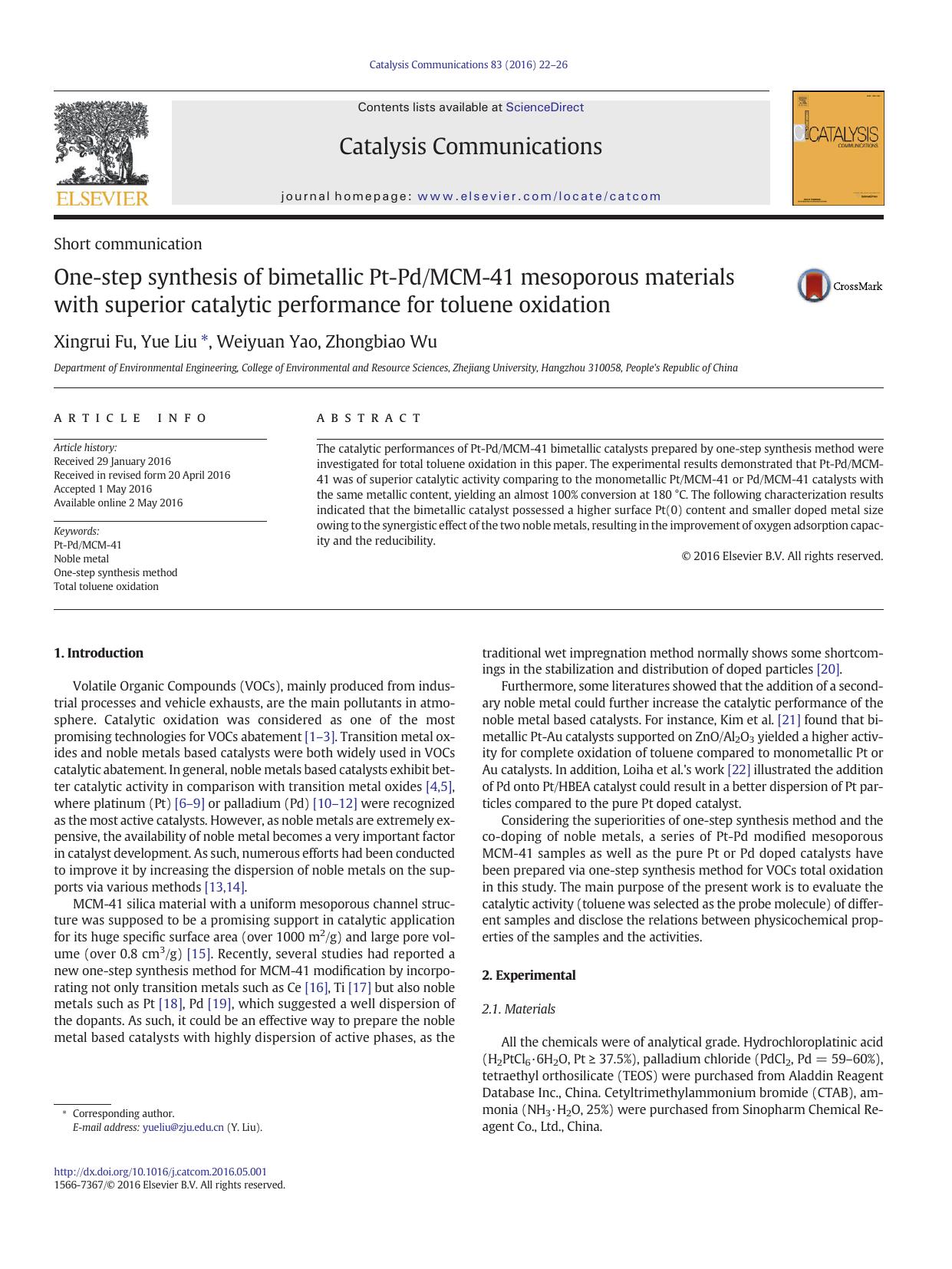 One-step synthesis of bimetallic Pt-PdMCM-41 mesoporous materials with superior catalytic performance for toluene oxidation by Xingrui Fu & Yue Liu & Weiyuan Yao & Zhongbiao Wu