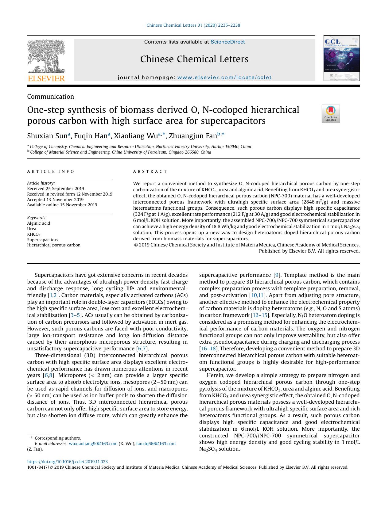 One-step synthesis of biomass derived O, N-codoped hierarchical porous carbon with high surface area for supercapacitors by Shuxian Sun & Fuqin Han & Xiaoliang Wu & Zhuangjun Fan