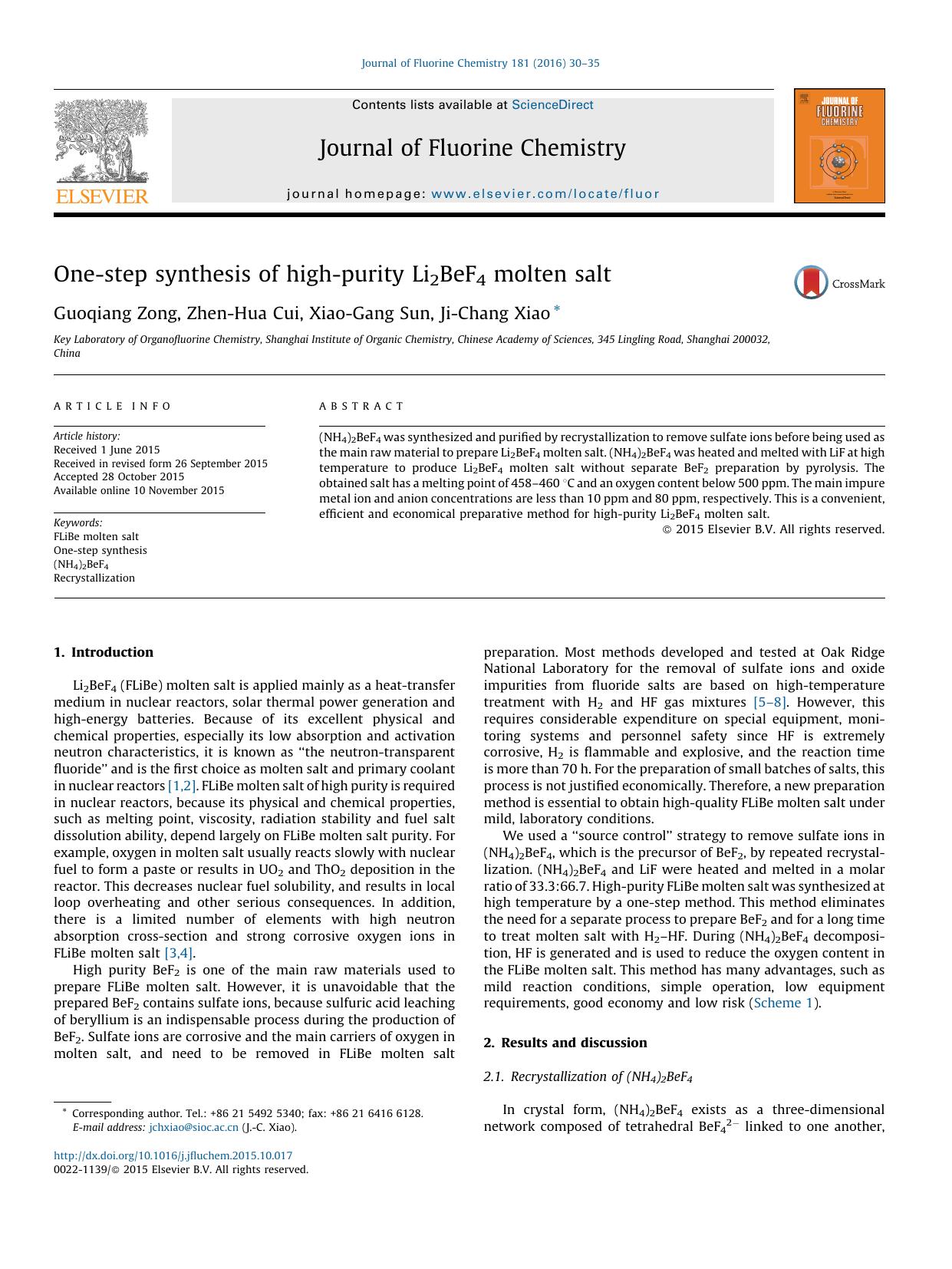 One-step synthesis of high-purity Li2BeF4 molten salt by Guoqiang Zong & Zhen-Hua Cui & Xiao-Gang Sun & Ji-Chang Xiao