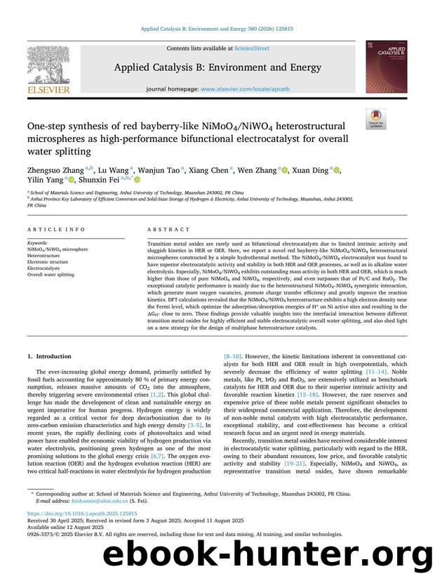 One-step synthesis of red bayberry-like NiMoO4NiWO4 heterostructural microspheres as high-performance bifunctional electrocatalyst for overall water splitting by unknow