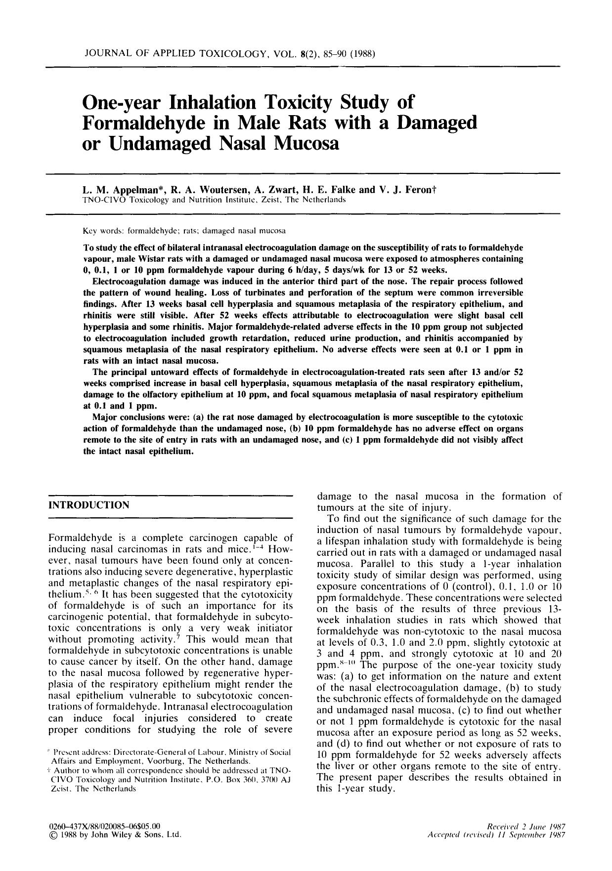 One-year inhalation toxicity study of formaldehyde in male rats with a damaged or undamaged nasal mucosa by Unknown