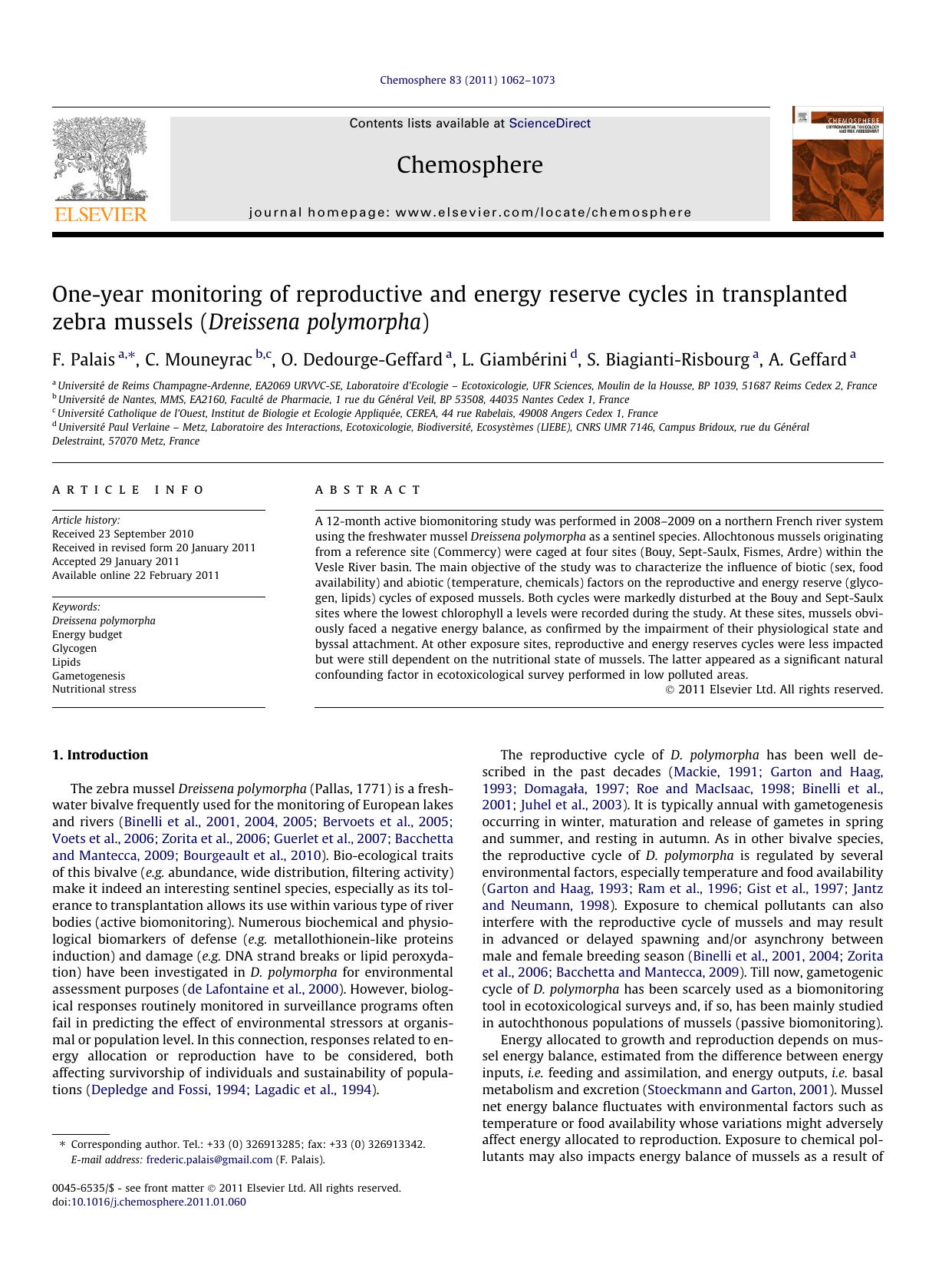 One-year monitoring of reproductive and energy reserve cycles in transplanted zebra mussels (Dreissena polymorpha) by F. Palais & C. Mouneyrac & O. Dedourge-Geffard & L. Giambérini & S. Biagianti-Risbourg & A. Geffard