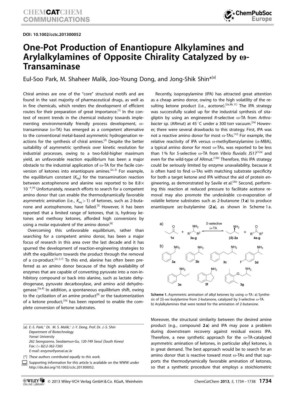 OnePot Production of Enantiopure Alkylamines and Arylalkylamines of Opposite Chirality Catalyzed by Transaminase by Unknown