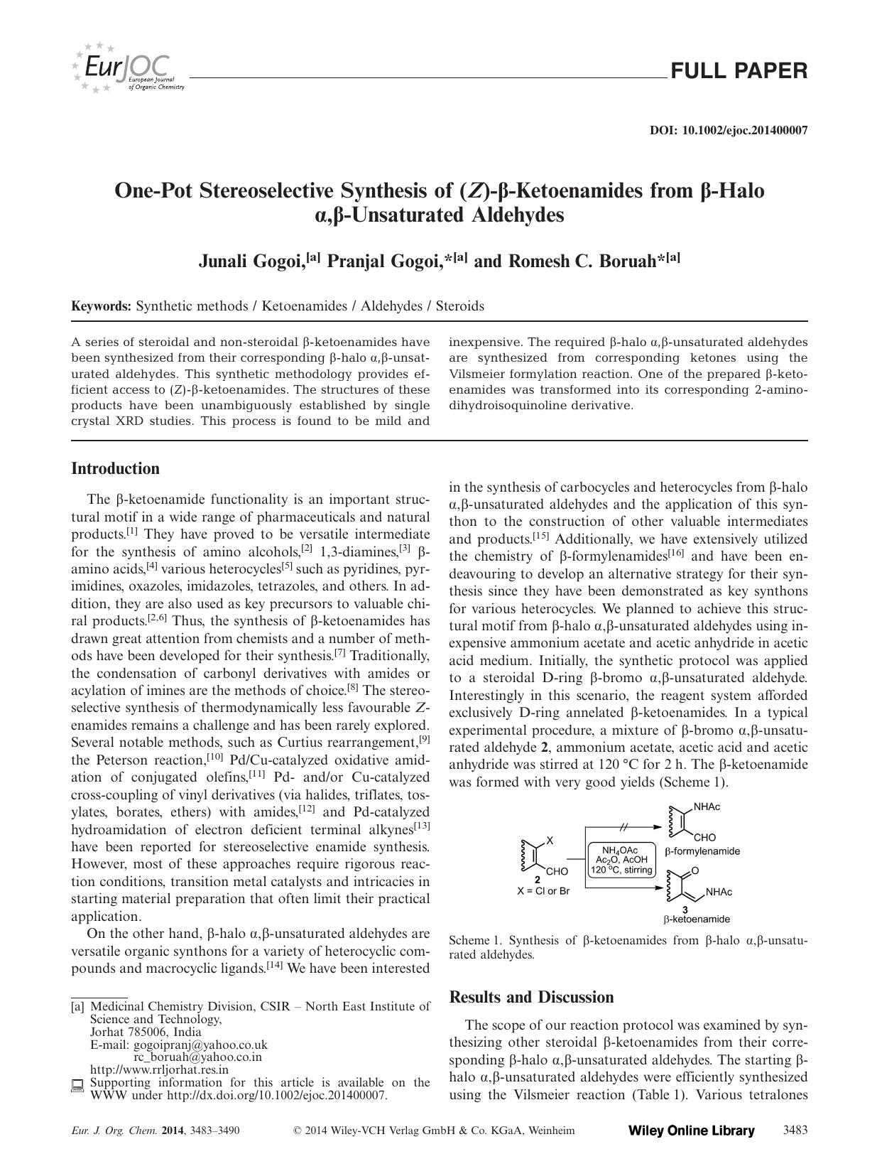OnePot Stereoselective Synthesis of (Z)Ketoenamides from Halo ,Unsaturated Aldehydes by Unknown