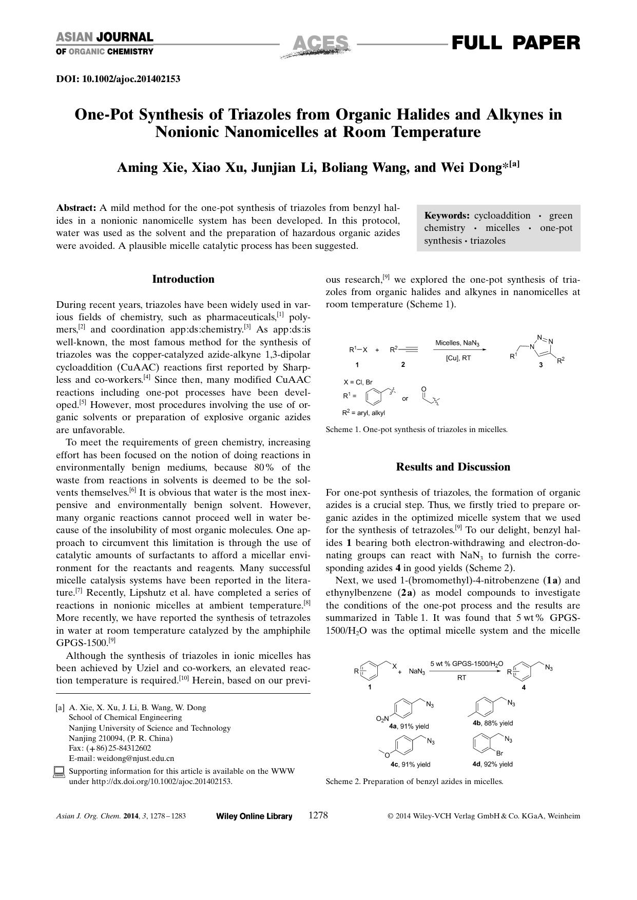 OnePot Synthesis of Triazoles from Organic Halides and Alkynes in Nonionic Nanomicelles at Room Temperature by Unknown
