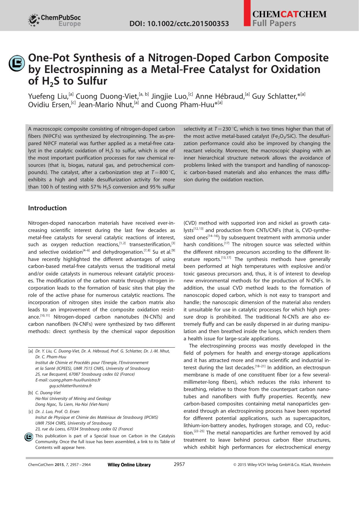 OnePot Synthesis of a NitrogenDoped Carbon Composite by Electrospinning as a MetalFree Catalyst for Oxidation of H2S to Sulfur by Unknown