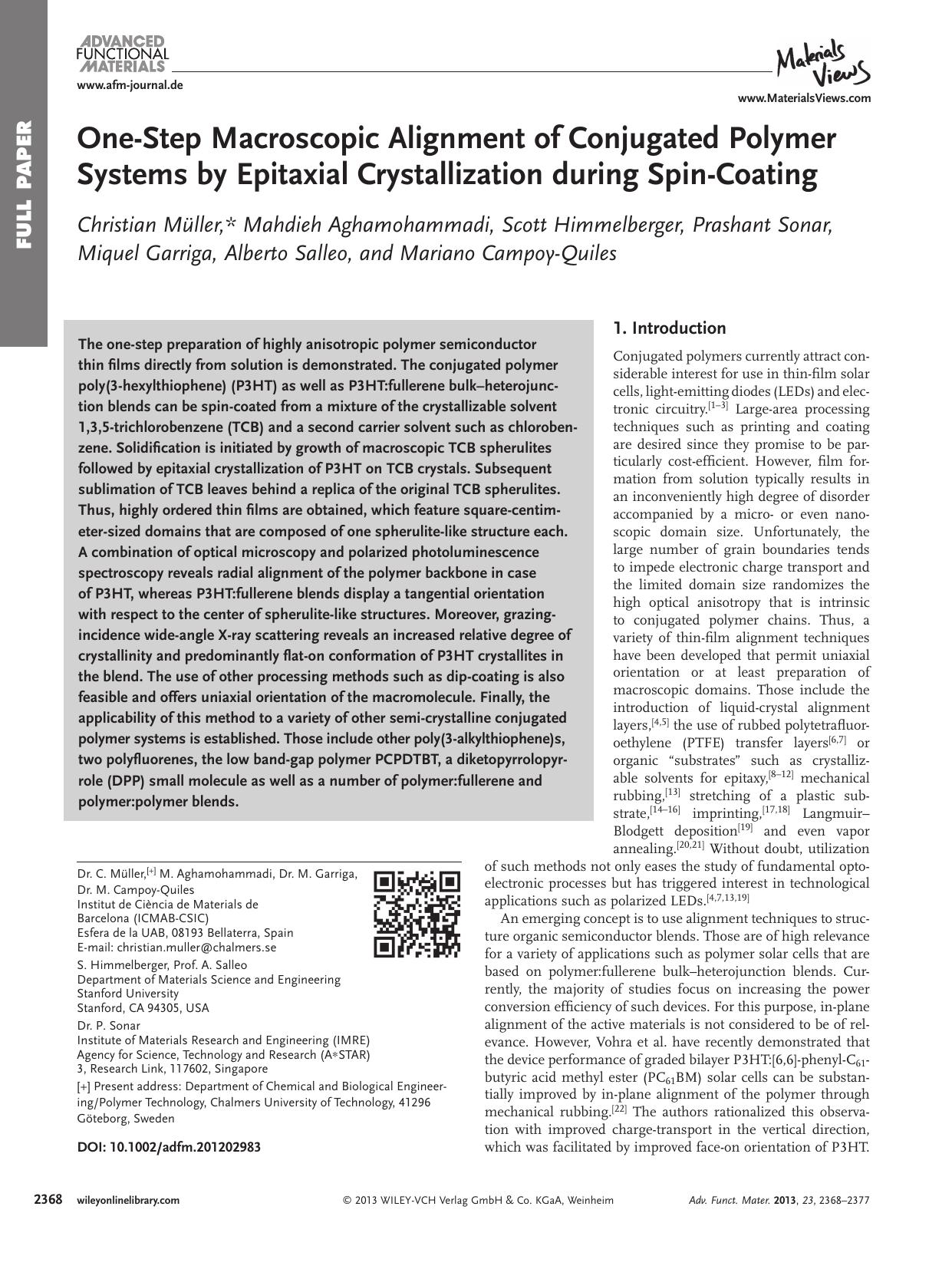 OneStep Macroscopic Alignment of Conjugated Polymer Systems by Epitaxial Crystallization during SpinCoating by wbpm