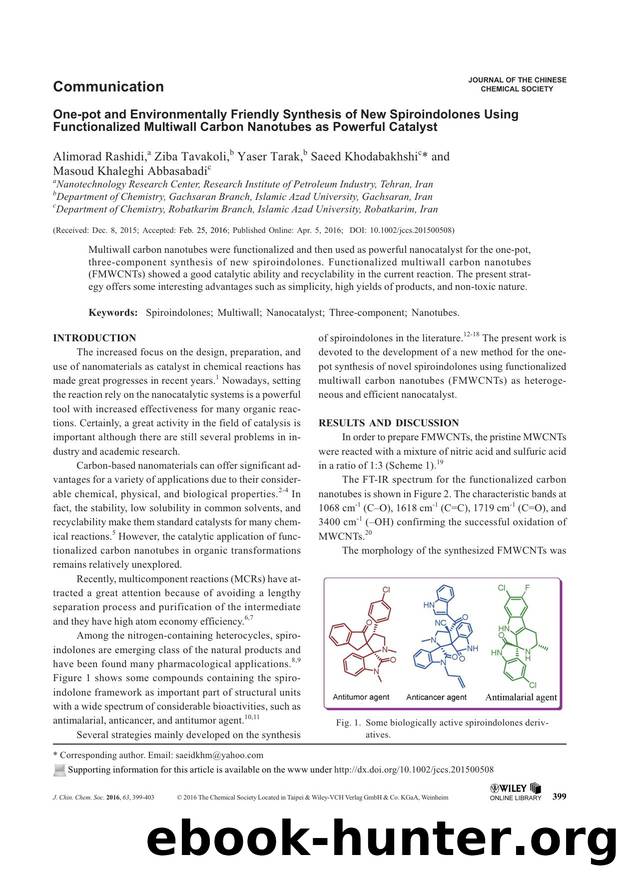 Onepot and Environmentally Friendly Synthesis of New Spiroindolones Using Functionalized Multiwall Carbon Nanotubes as Powerful Catalyst by Amvo5