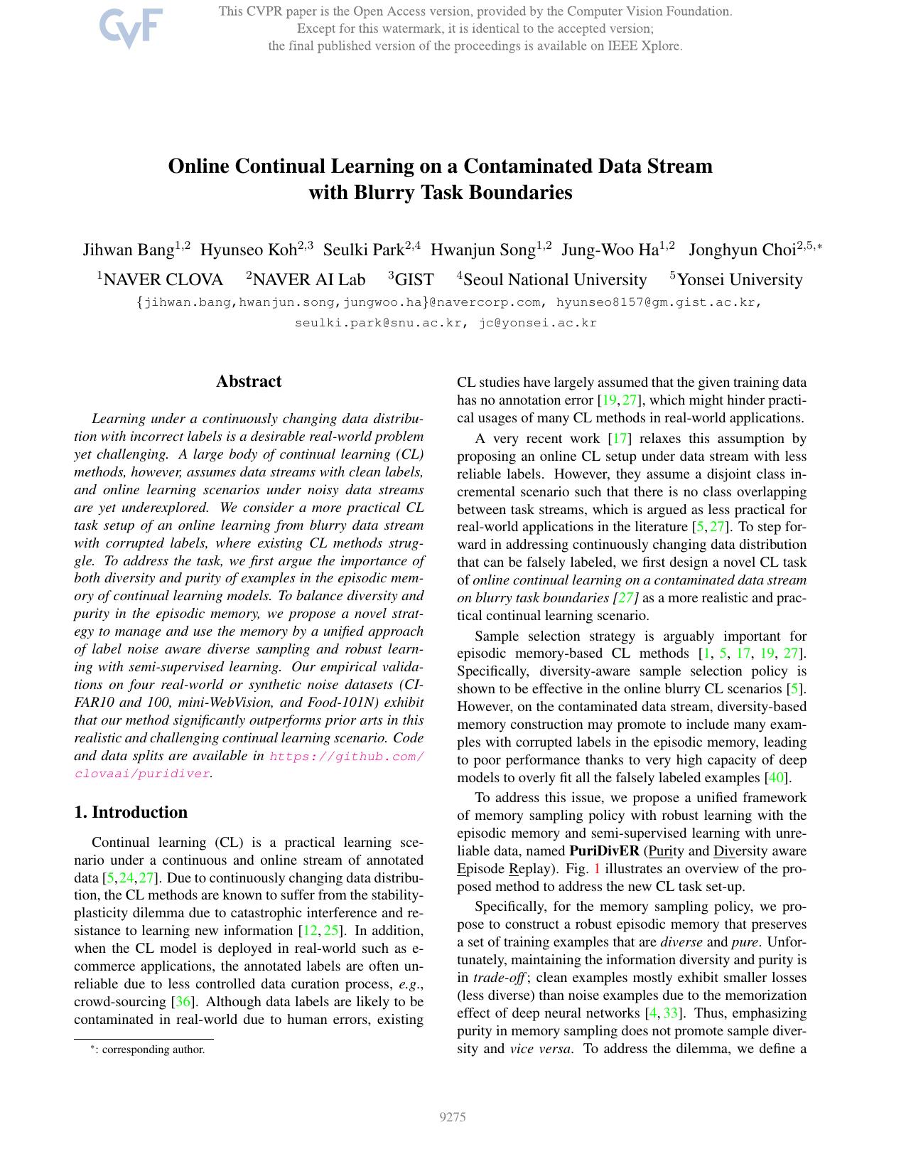 Online Continual Learning on a Contaminated Data Stream With Blurry Task Boundaries by Jihwan Bang & Hyunseo Koh & Seulki Park & Hwanjun Song & Jung-Woo Ha & Jonghyun Choi
