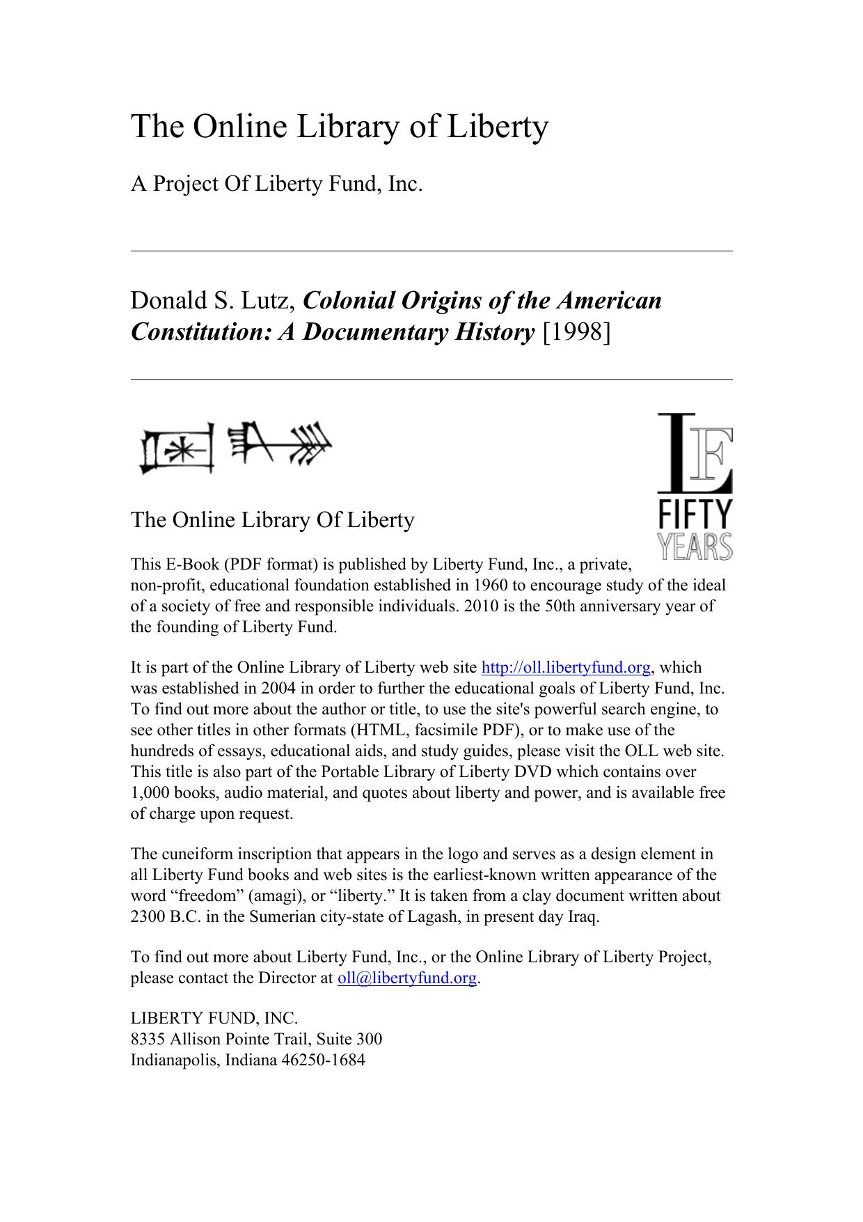 Online Library of Liberty: Colonial Origins of the American Constitution: A Documentary History - Portable Library of Liberty by Unknown