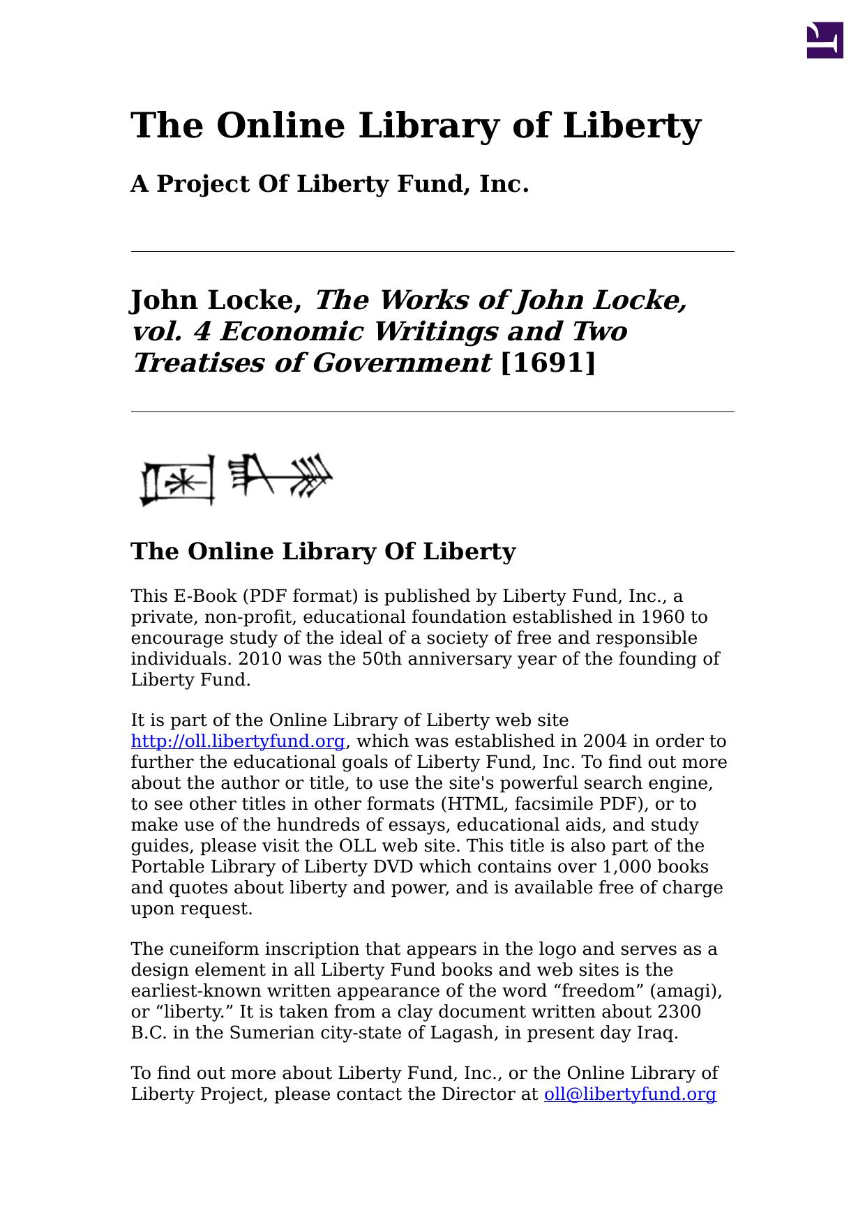 Online Library of Liberty: The Works of John Locke, vol. 4 Economic Writings and Two Treatises of Government - Portable Library of Liberty by Unknown