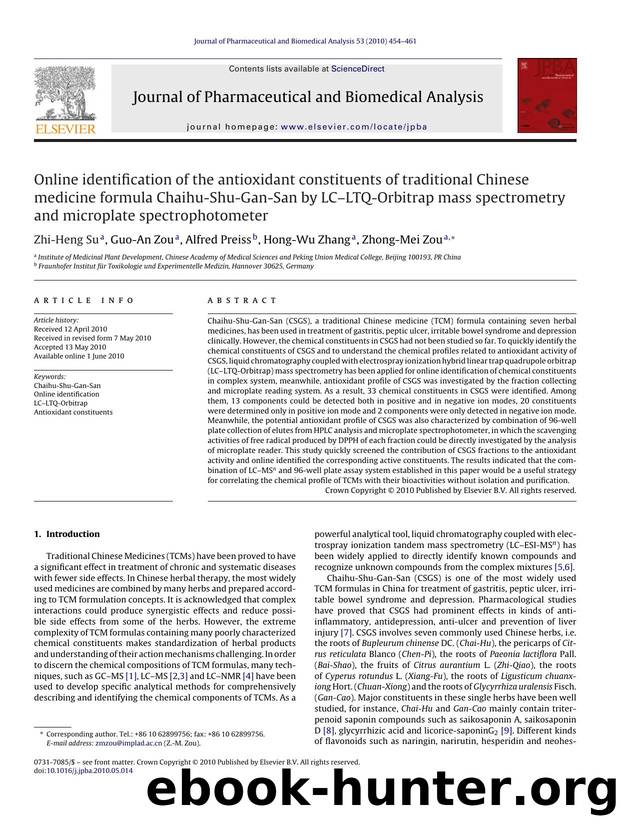 Online identification of the antioxidant constituents of traditional Chinese medicine formula Chaihu-Shu-Gan-San by LCÃ¢â¬âLTQ-Orbitrap mass spectrometry and microplate spectrophotometer by Zhi-Heng Su