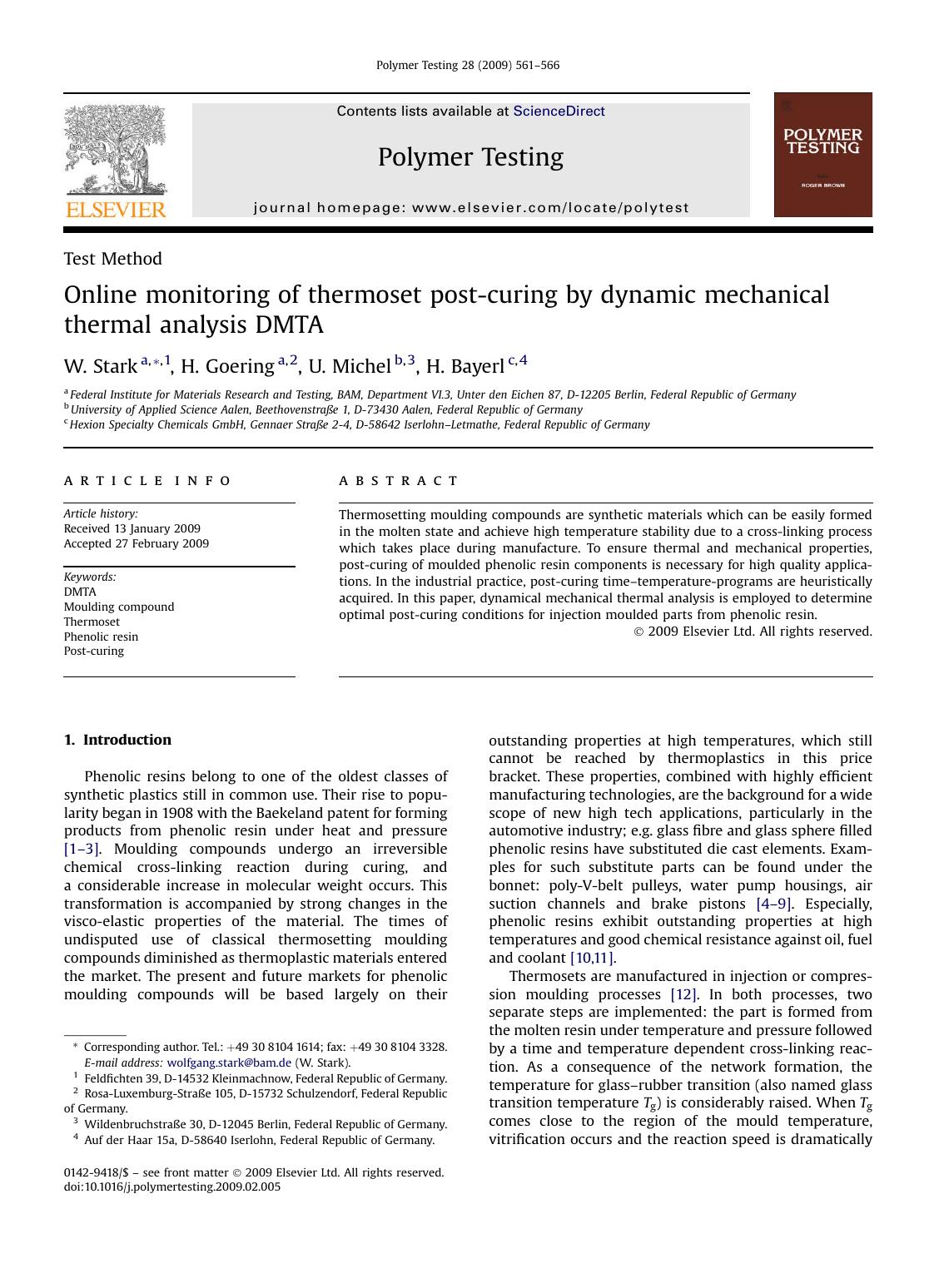 Online monitoring of thermoset post-curing by dynamic mechanical thermal analysis DMTA by W. Stark; H. Goering; U. Michel; H. Bayerl