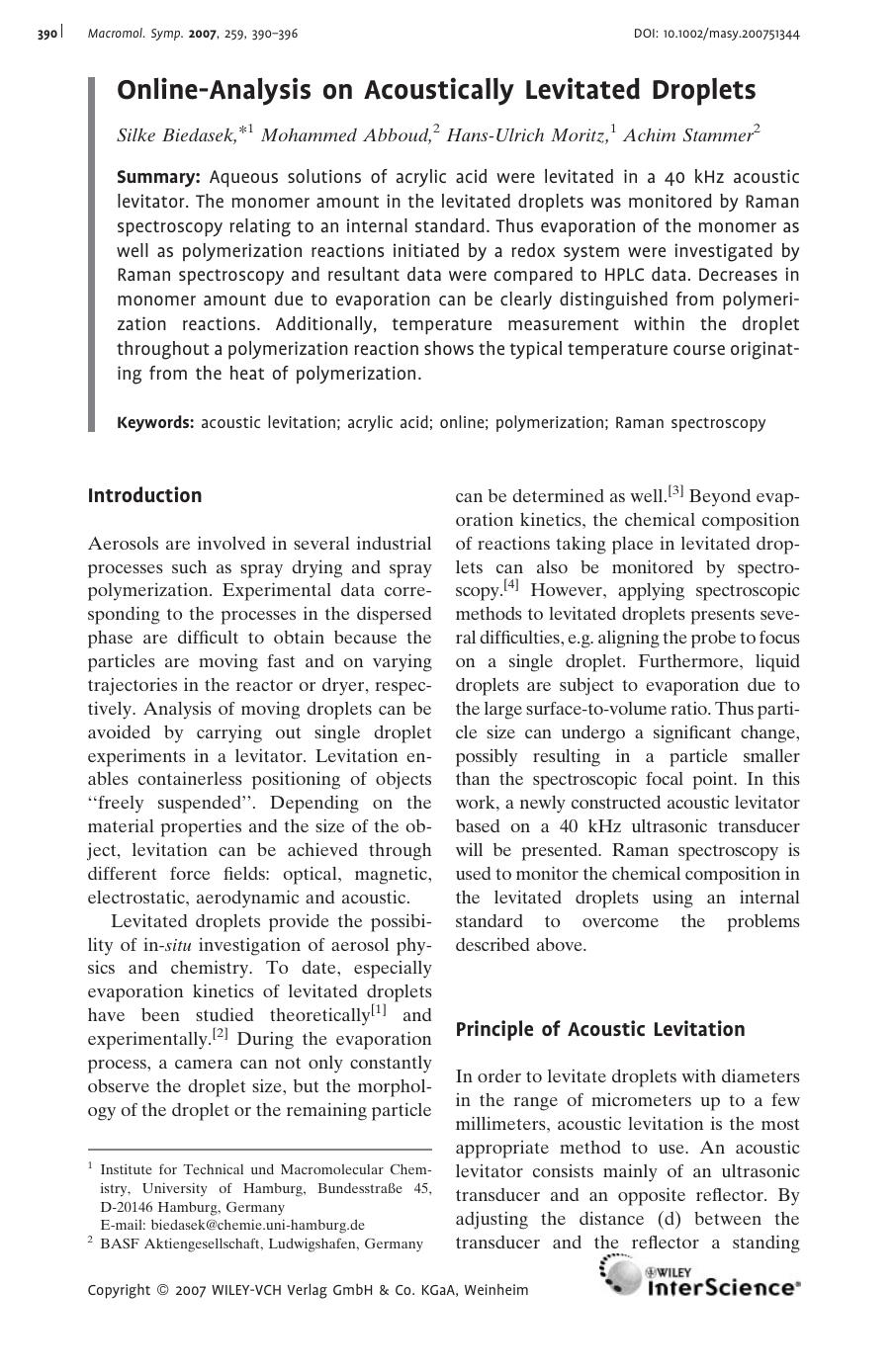 Online-Analysis on Acoustically Levitated Droplets by Unknown