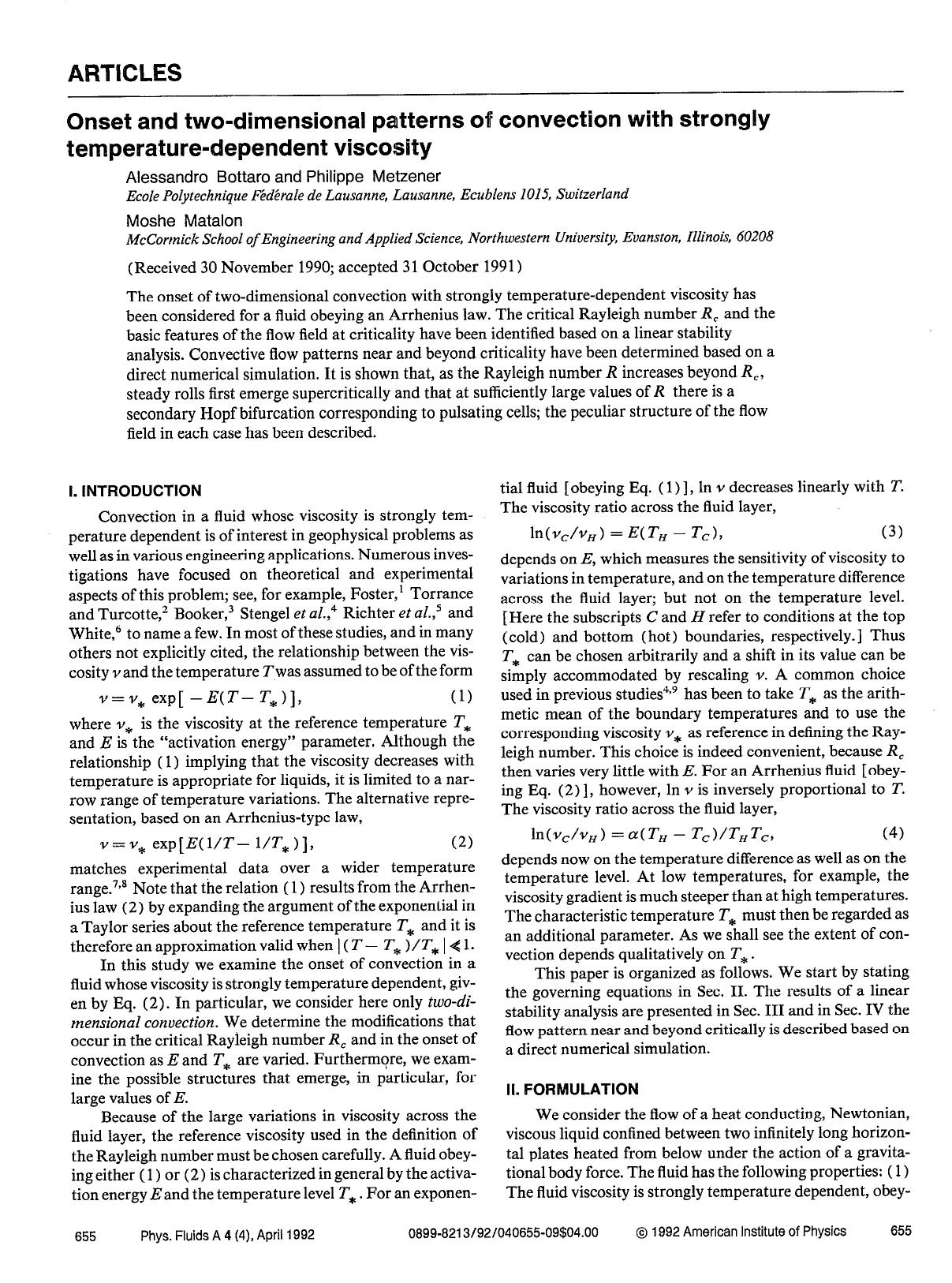 Onset and two-dimensional patterns of convection with strongly temperature-dependent viscosity by Alessandro Bottaro; Philippe Metzener; Moshe Matalon