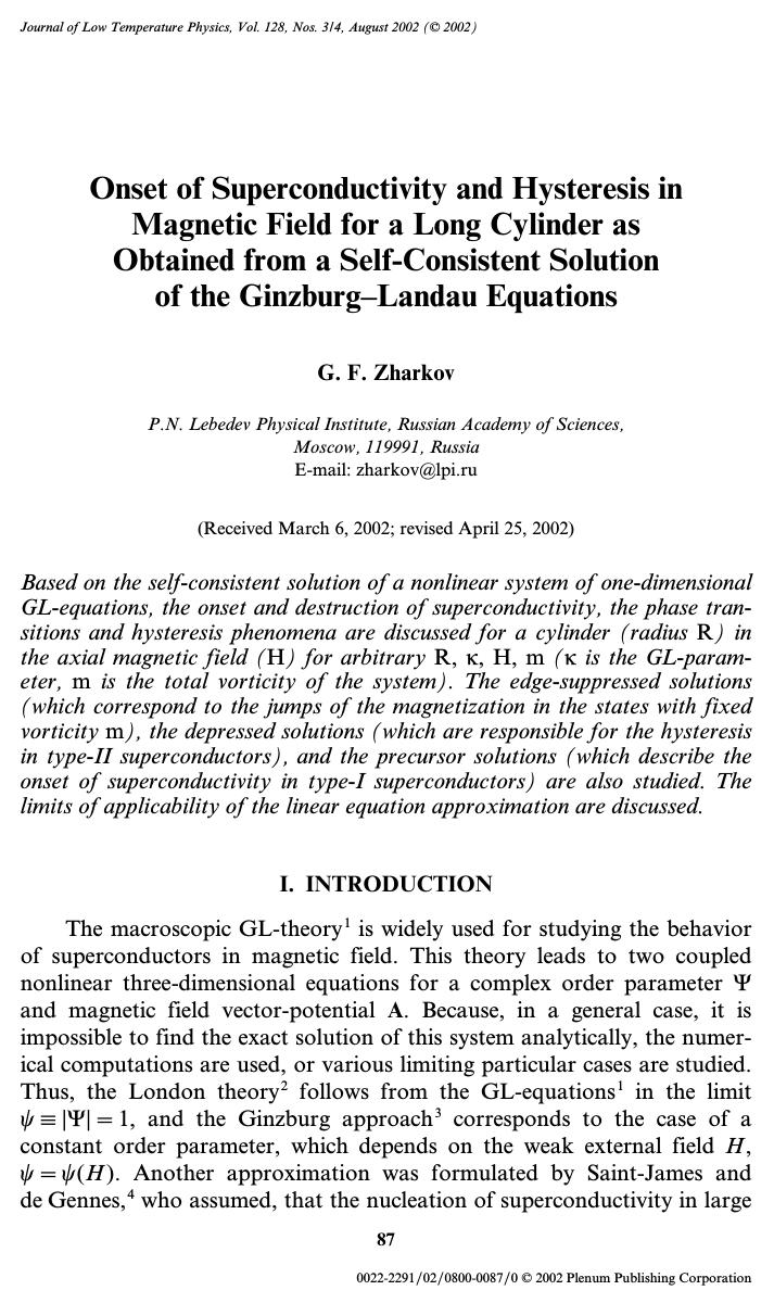 Onset of Superconductivity and Hysteresis in Magnetic Field for a Long Cylinder as Obtained from a Self-Consistent Solution of the Ginzburg&#x2013;Landau Equations by Unknown
