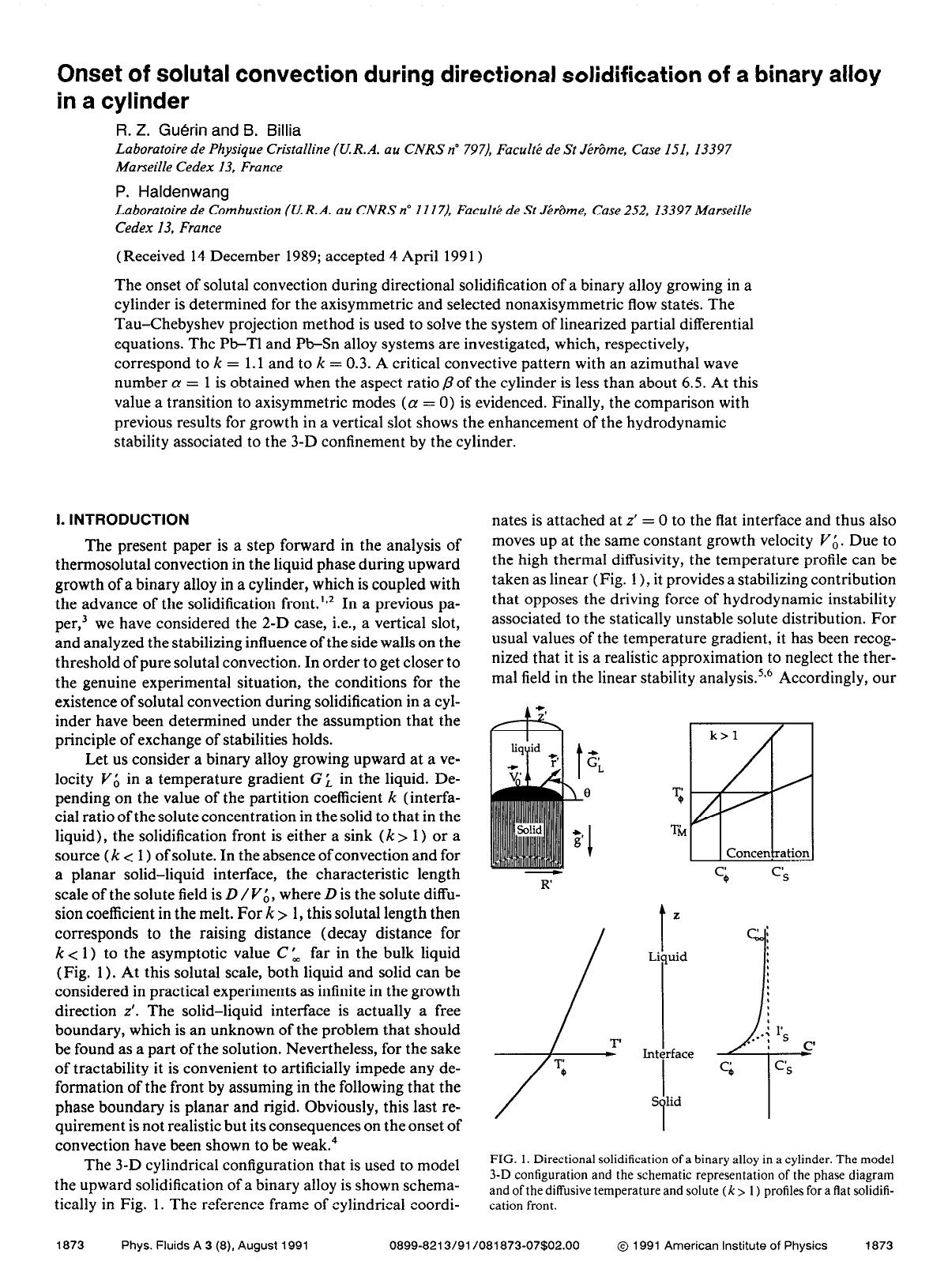 Onset of solutal convection during directional solidification of a binary alloy in a cylinder by R. Z. Guerin; B. Billia; P. Haldenwang