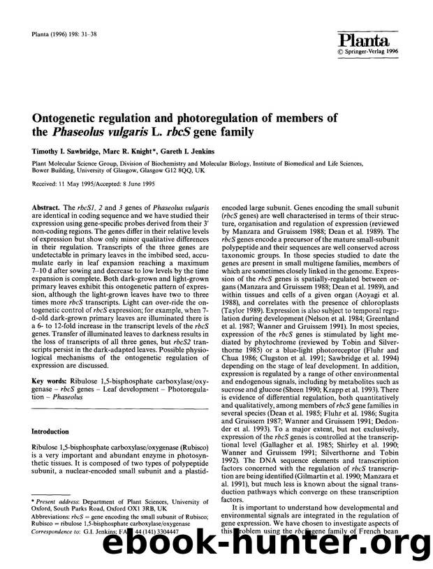 Ontogenetic regulation and photoregulation of members of the <Emphasis Type="Italic">Phaseolus vulgaris<Emphasis> L. <Emphasis Type="Italic">rbcS<Emphasis> gene family by Unknown