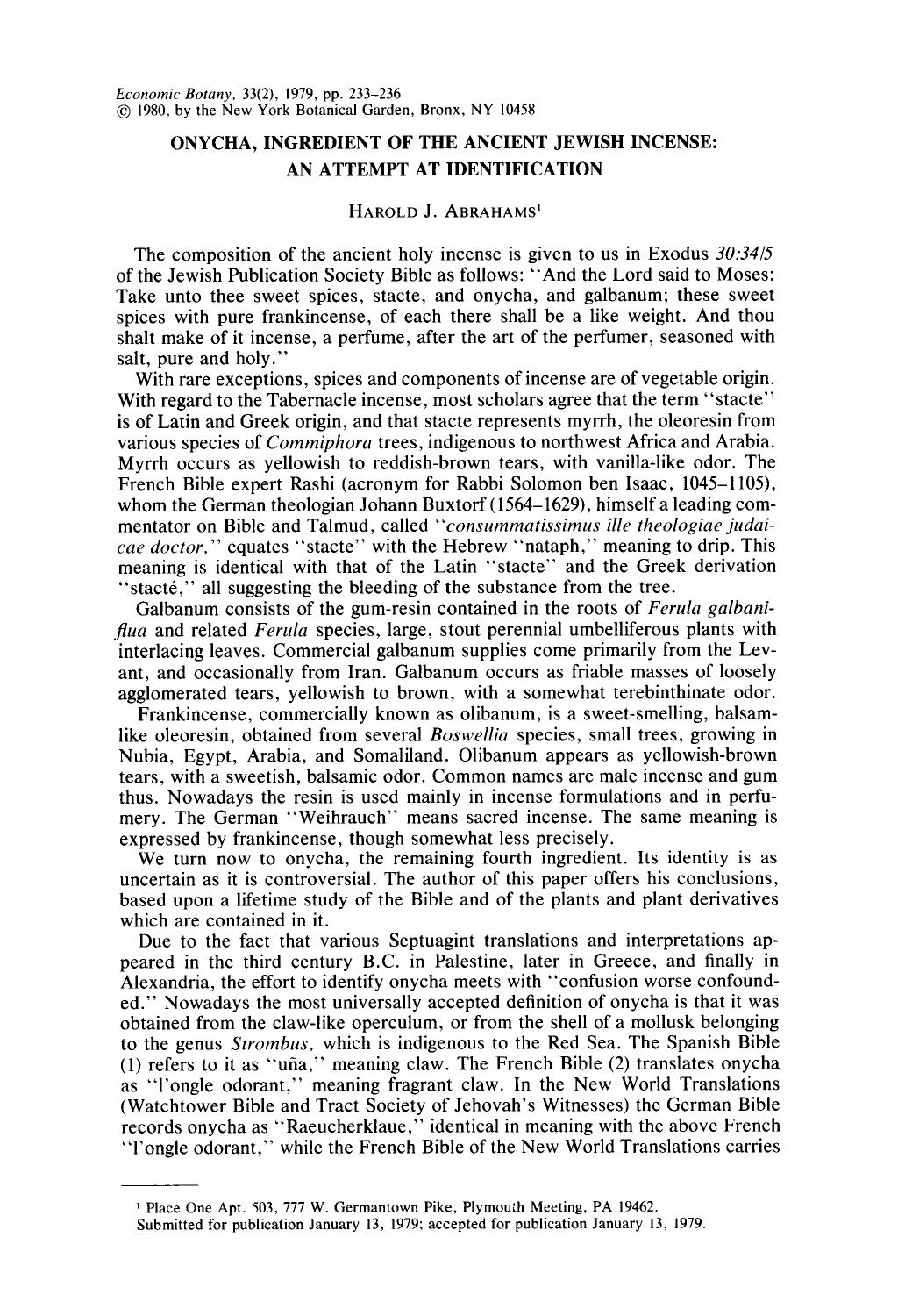 Onycha, ingredient of the ancient jewish incense: An attempt at identification by Unknown