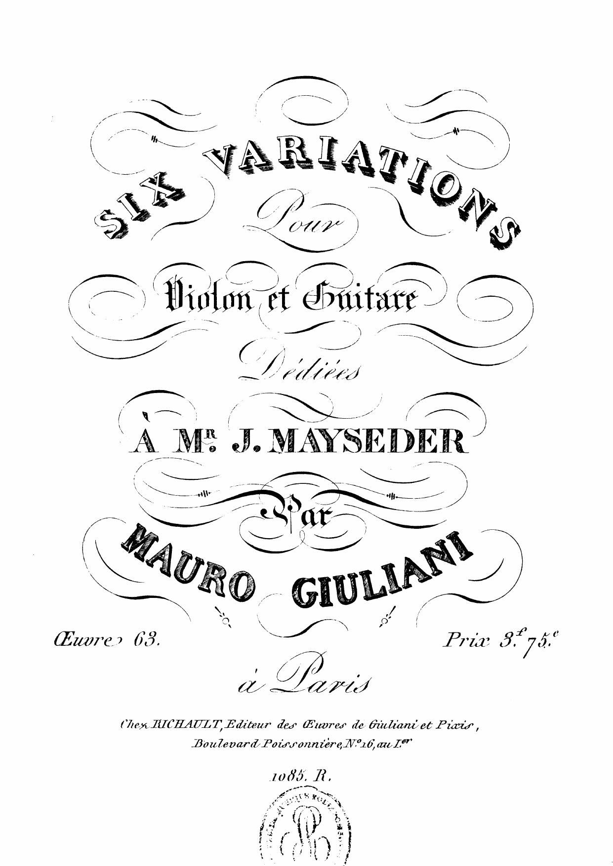 Op 63 six variations by Unknown