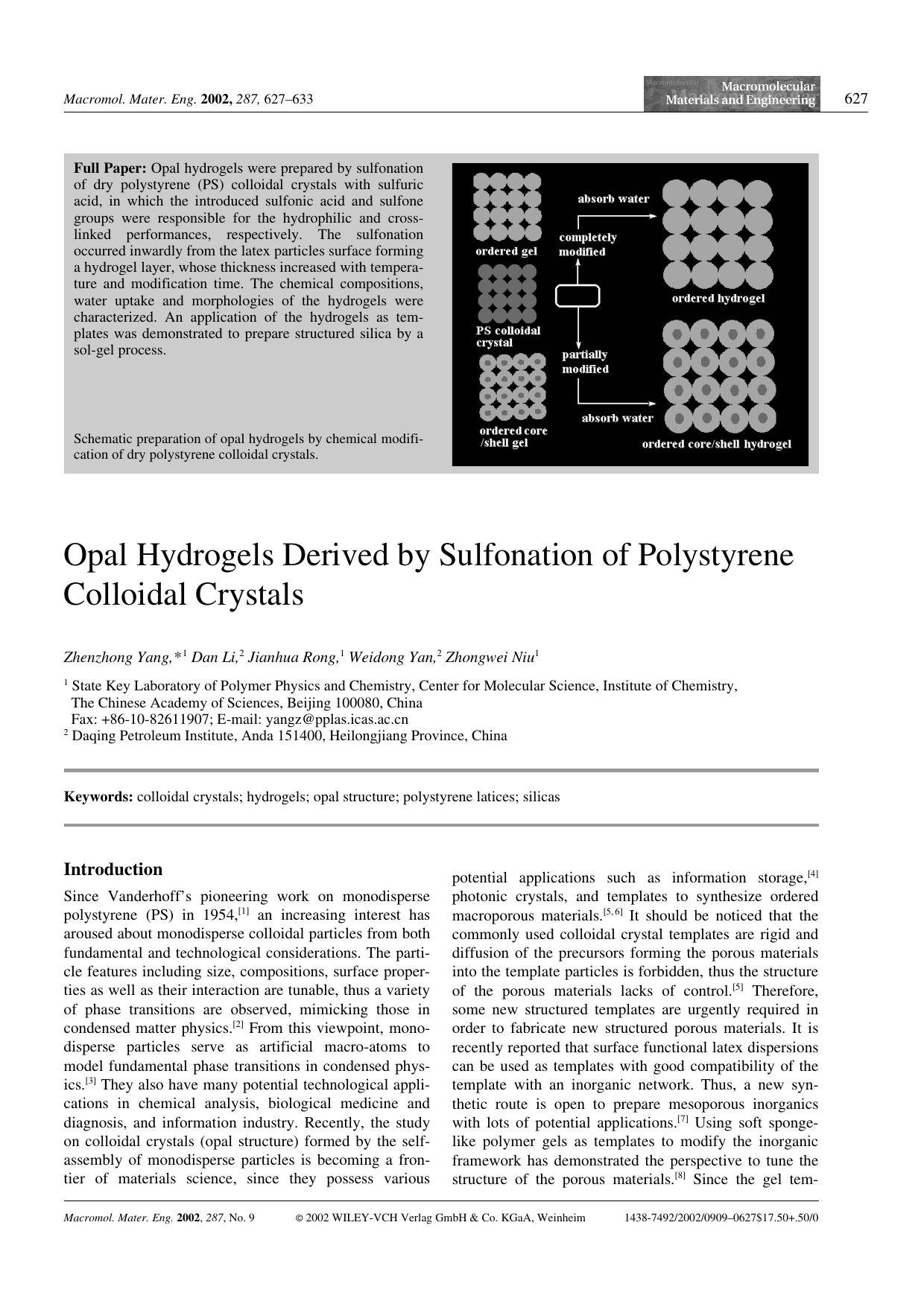 Opal Hydrogels Derived by Sulfonation of Polystyrene Colloidal Crystals by Unknown