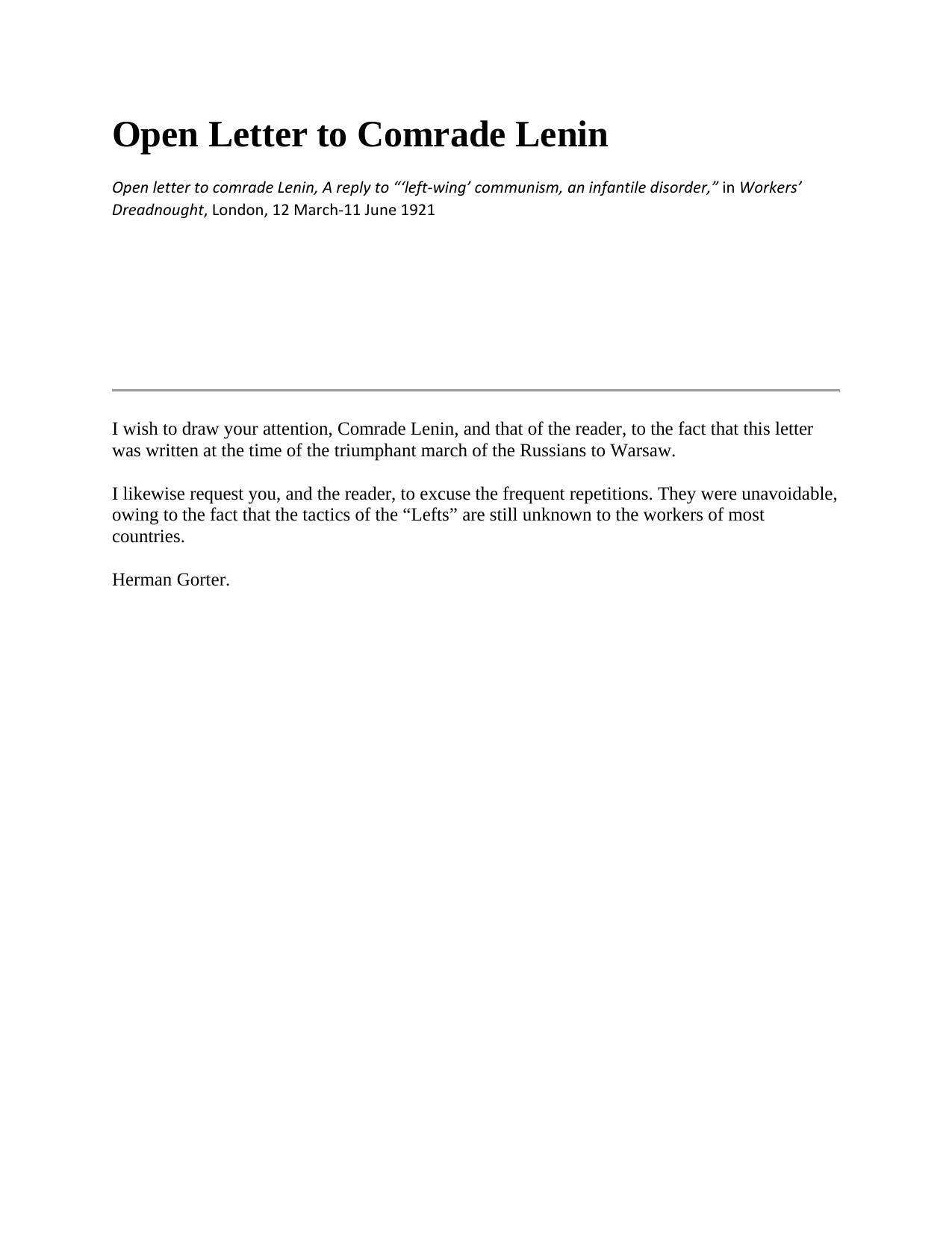 Open Letter To Comrade Lenin by Herman Gorter