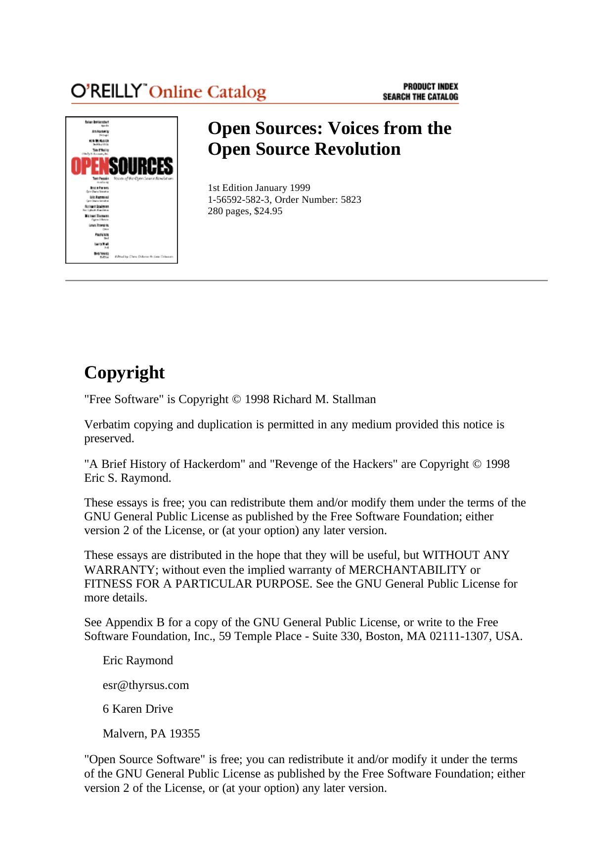 Open Sources: Voices from the Open Source Revolution by Chris DiBona Sam Ockman Mark Stone