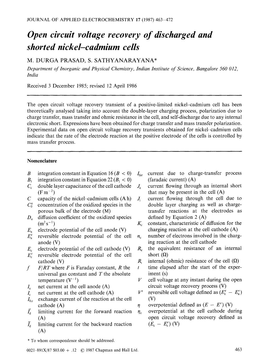 Open circuit voltage recovery of discharged and shorted nickel-cadmium cells by Unknown