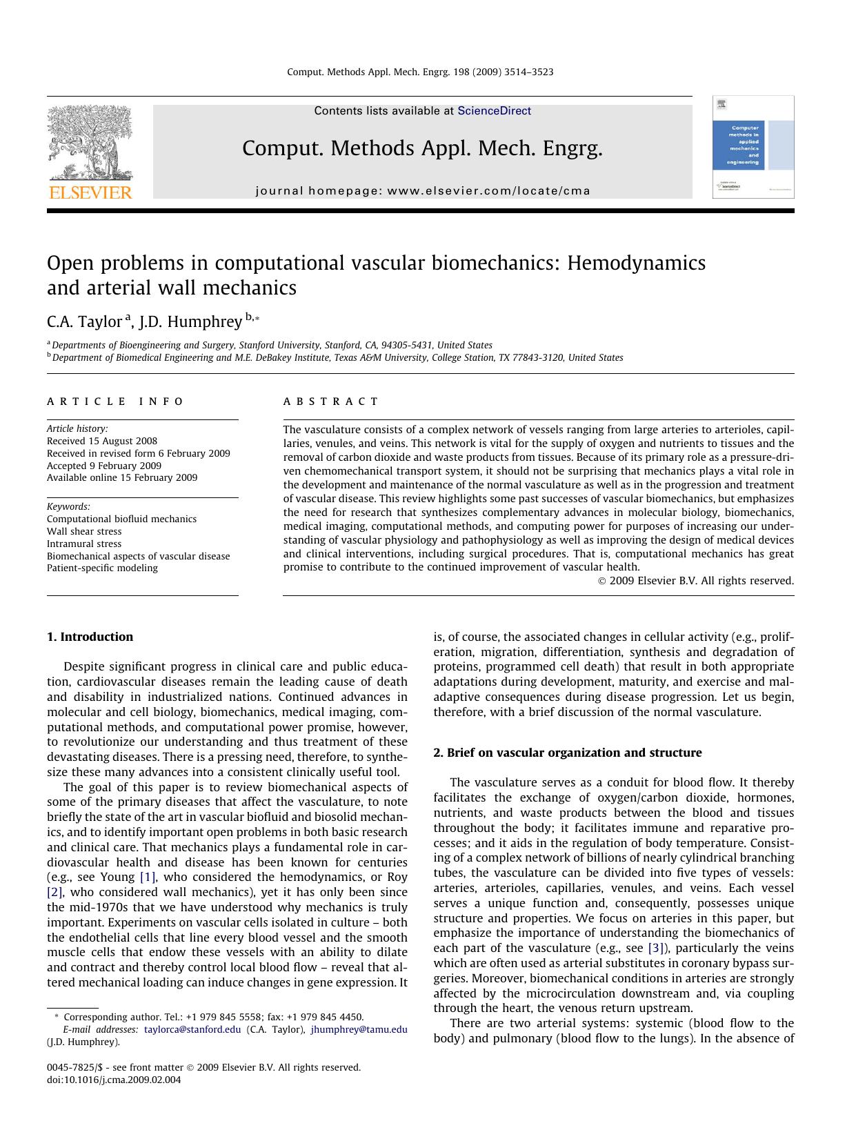 Open problems in computational vascular biomechanics: Hemodynamics and arterial wall mechanics by C.A. Taylor; J.D. Humphrey