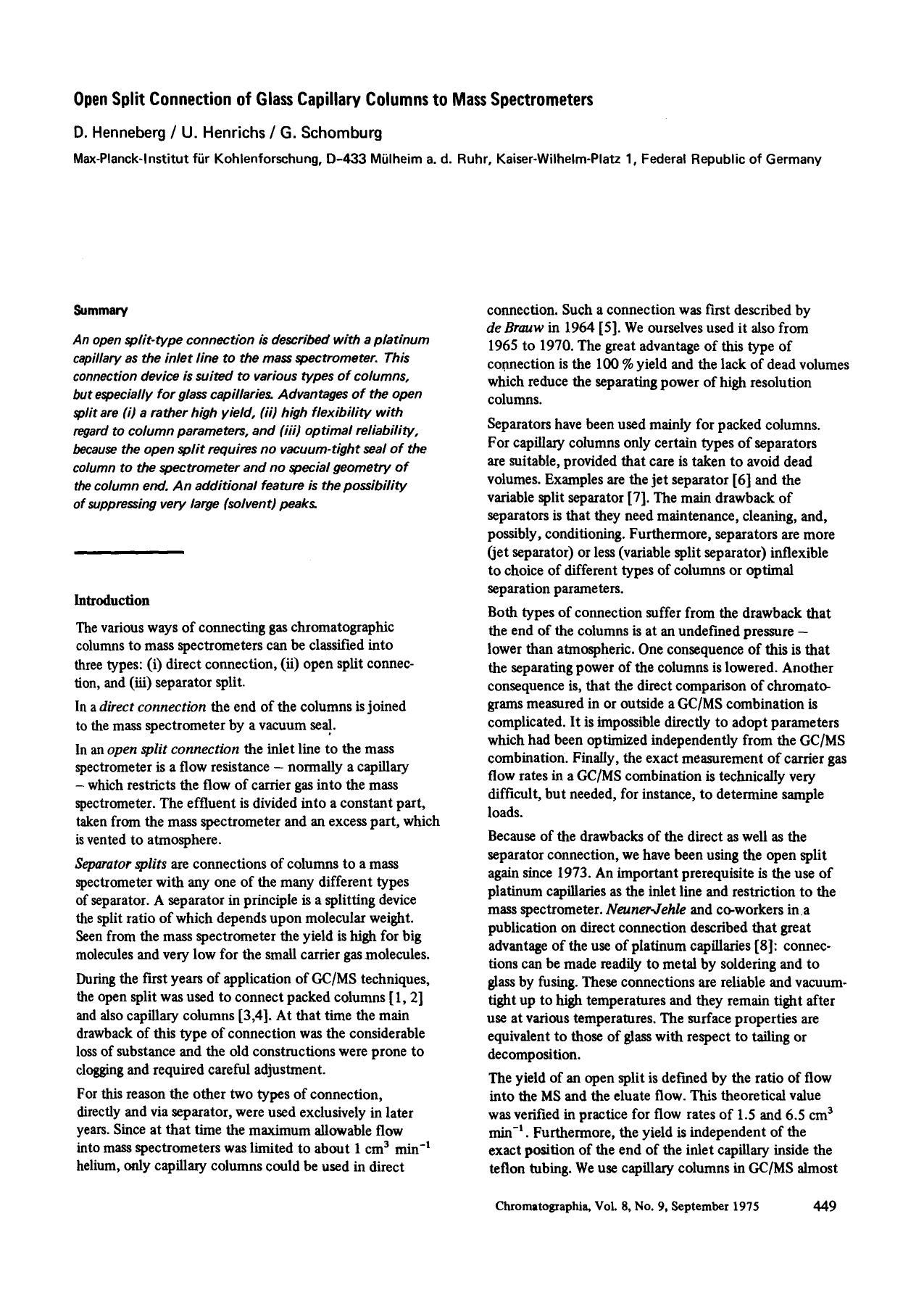 Open split connection of glass capillary columns to mass spectrometers by Unknown