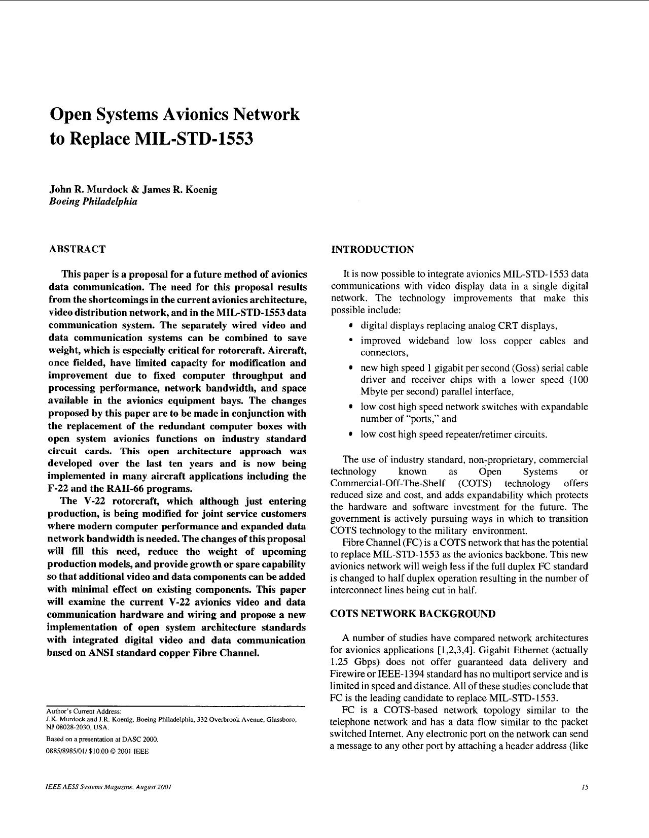 Open systems avionics network to replace MIL-STD-1553 - IEEE Aerospace and Electronics Systems Magazine by Unknown