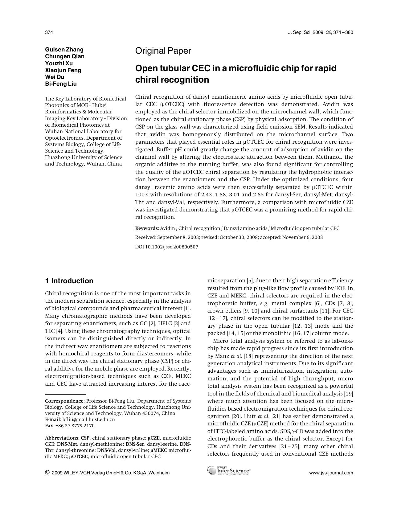 Open tubular CEC in a microfluidic chip for rapid chiral recognition by Unknown