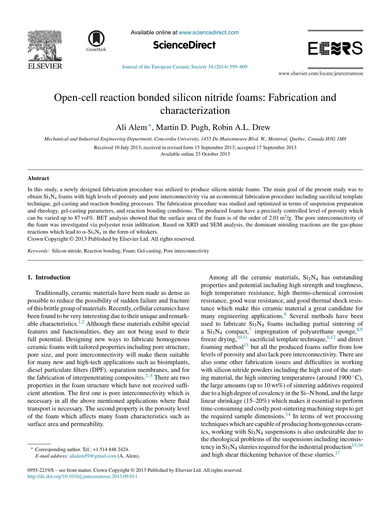 Open-cell reaction bonded silicon nitride foams: Fabrication and characterization by Ali Alem & Martin D. Pugh & Robin A.L. Drew