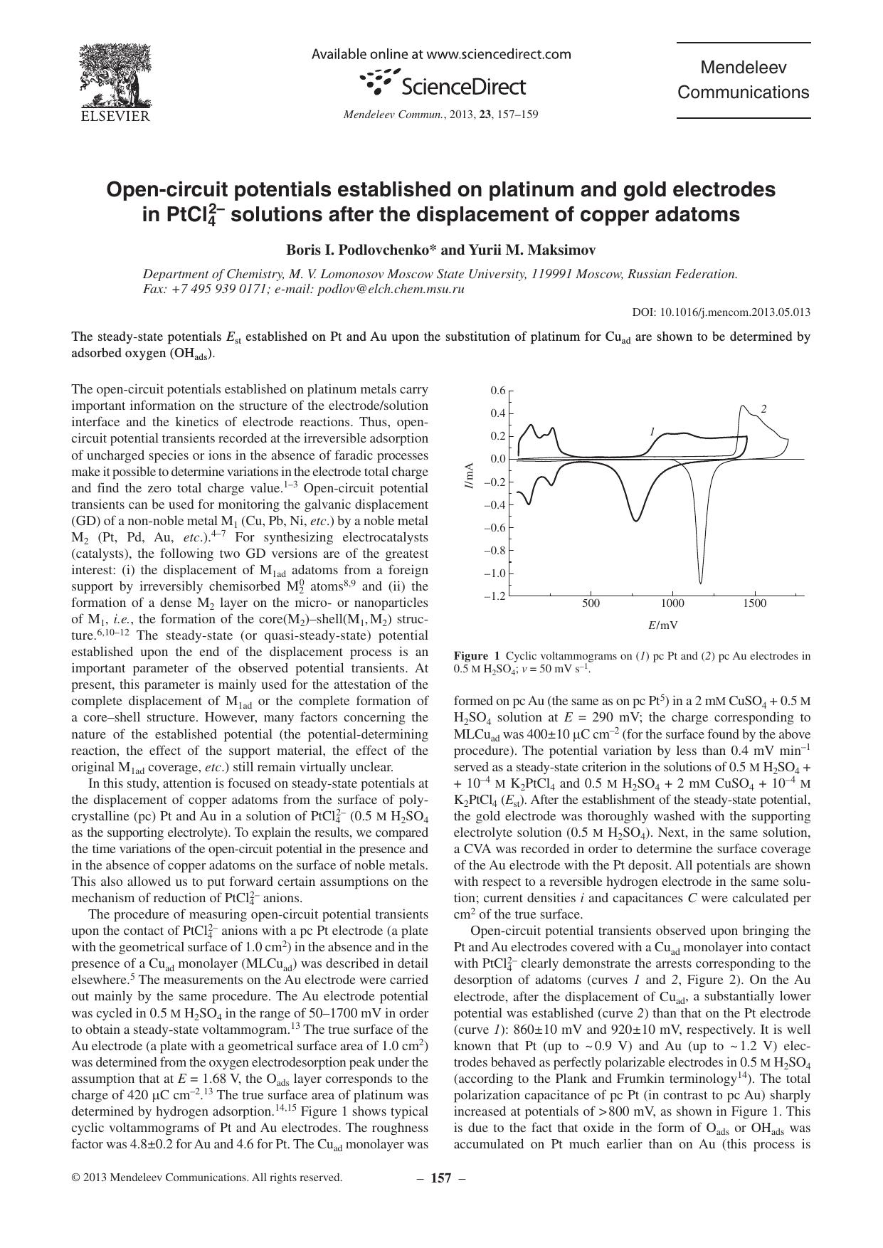 Open-circuit Potentials Established on Platinum and Gold Electrodes in PtCl2–4 Solutions After the Displacement of Copper Adatoms by Boris I. Podlovchenko & Yurii M. Maksimov
