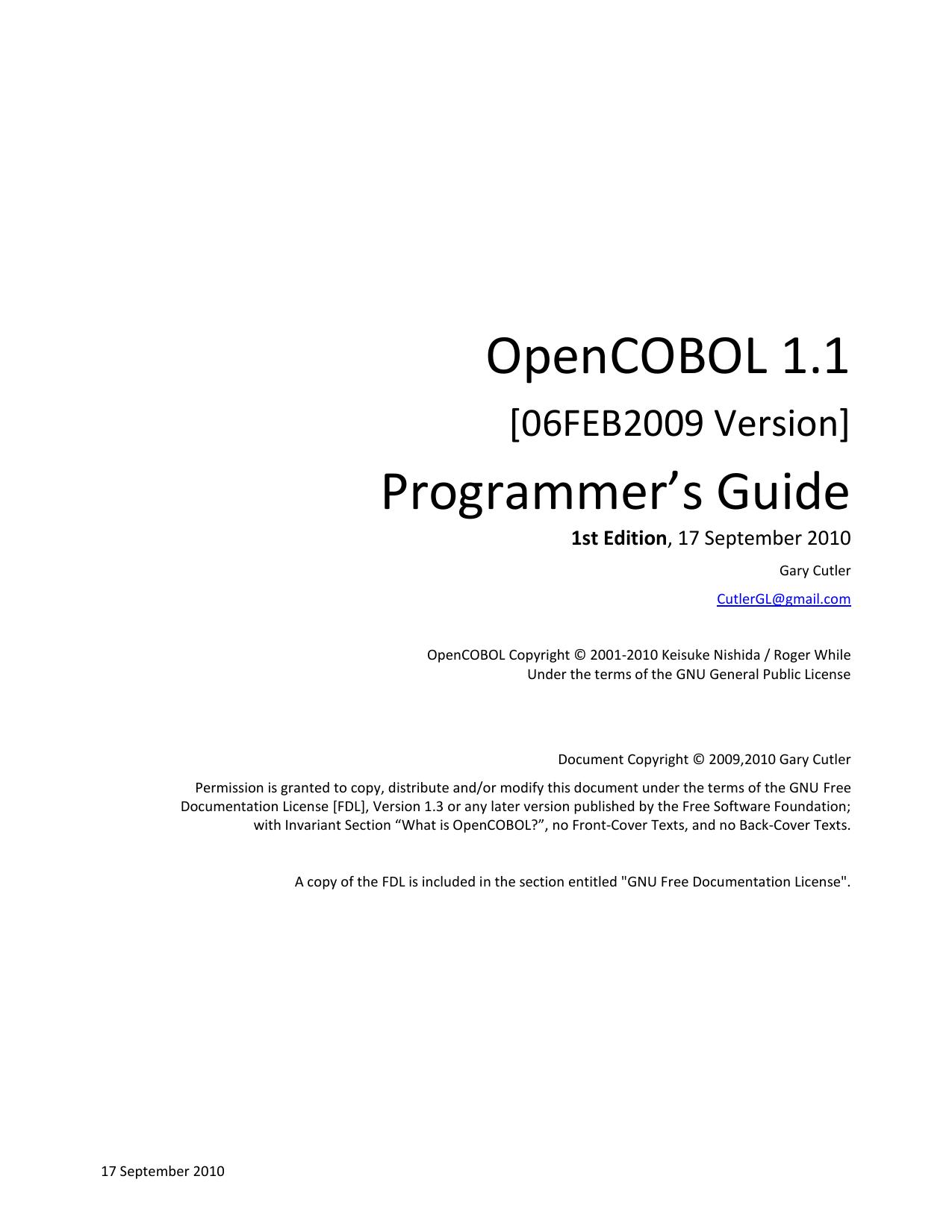 OpenCOBOL Programmers Guide by Gary Cutler