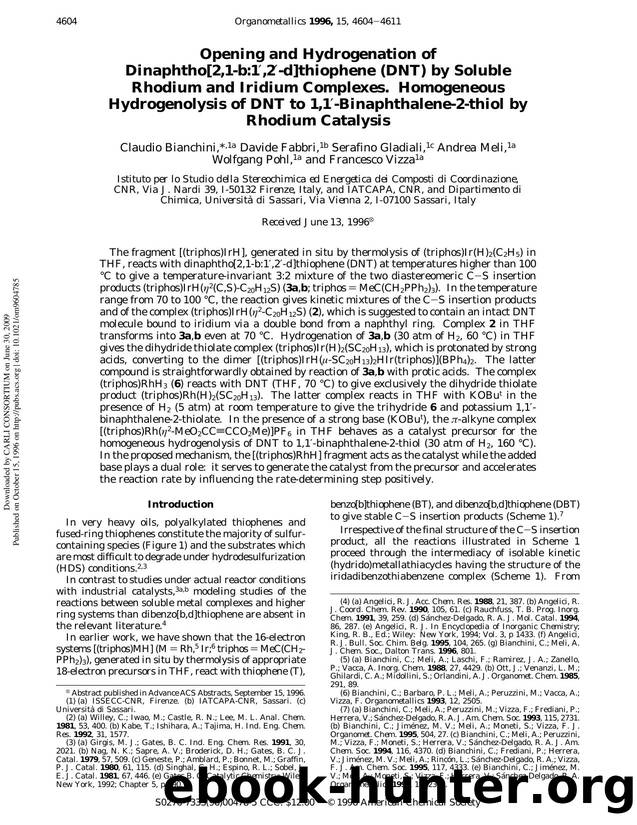 Opening and Hydrogenation of Dinaphtho[2,1-b:1`,2`-d]thiophene (DNT) by Soluble Rhodium and Iridium Complexes. Homogeneous Hydrogenolysis of DNT to 1,1`-Binaphthalene-2-thiol by Rhodium Catalysis by unknow