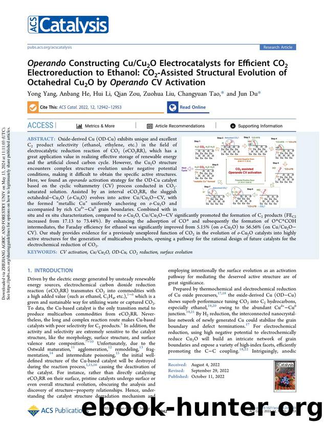 Operando Constructing CuCu2O Electrocatalysts for Efficient CO2 Electroreduction to Ethanol: CO2-Assisted Structural Evolution of Octahedral Cu2O by Operando CV Activation by Yong Yang Anbang He Hui Li Qian Zou Zuohua Liu Changyuan Tao & Jun Du