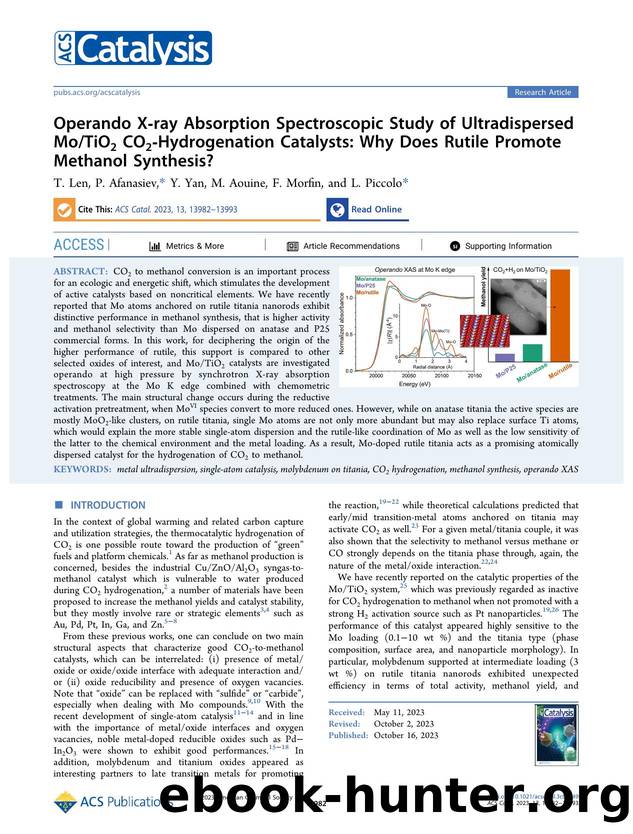 Operando X-ray Absorption Spectroscopic Study of Ultradispersed MoTiO2 CO2-Hydrogenation Catalysts: Why Does Rutile Promote Methanol Synthesis? by T. Len P. Afanasiev Y. Yan M. Aouine F. Morfin and L. Piccolo