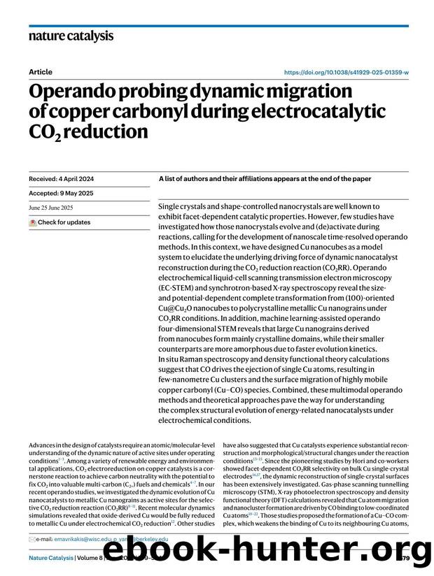 Operando probing dynamic migration of copper carbonyl during electrocatalytic CO2 reduction by unknow