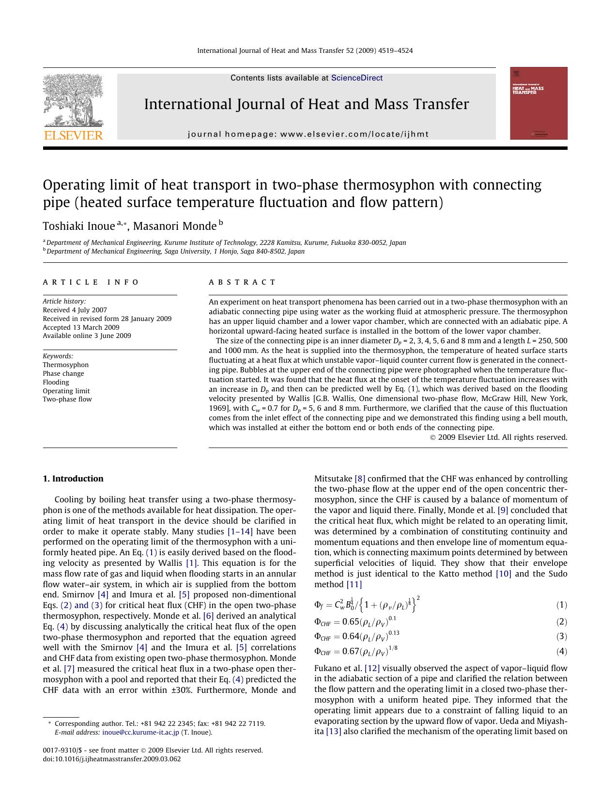 Operating limit of heat transport in two-phase thermosyphon with connecting pipe (heated surface temperature fluctuation and flow pattern) by Toshiaki Inoue; Masanori Monde