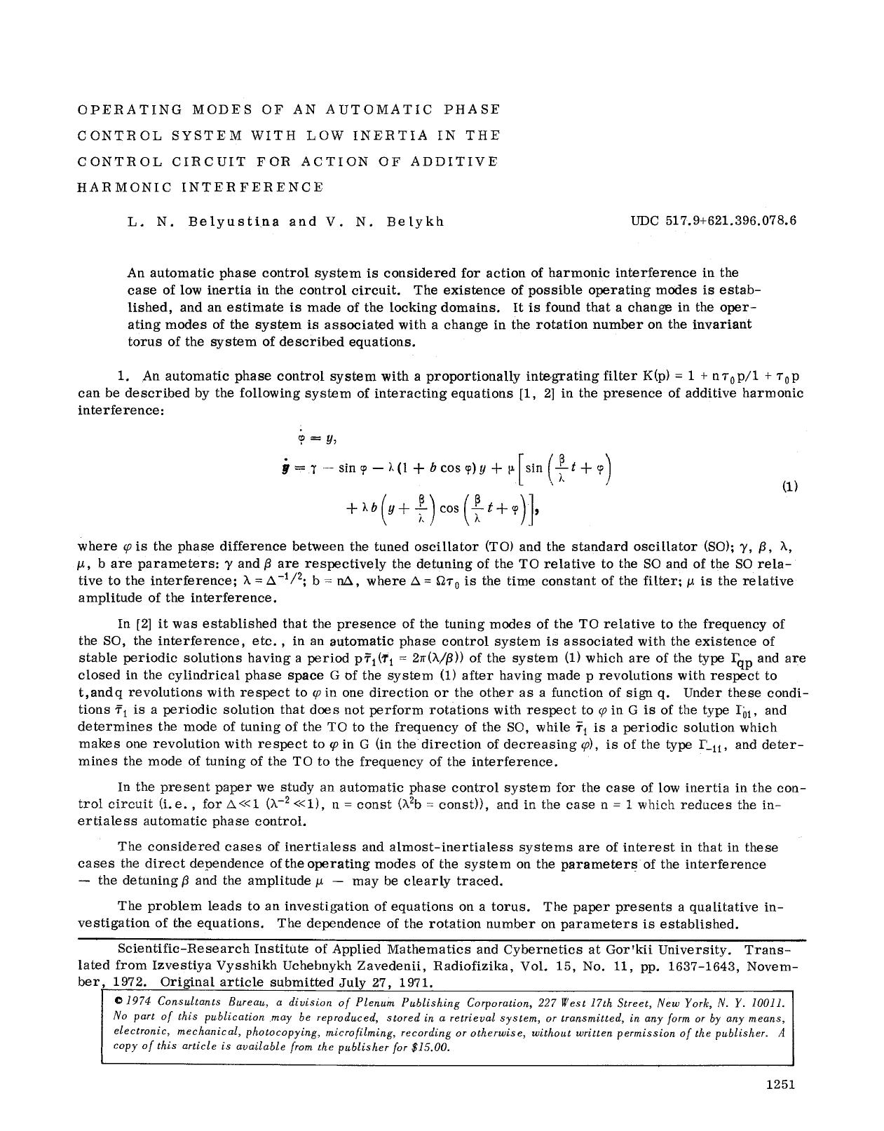 Operating modes of an automatic phase control system with low inertia in the control circuit for action of additive harmonic interference by Unknown