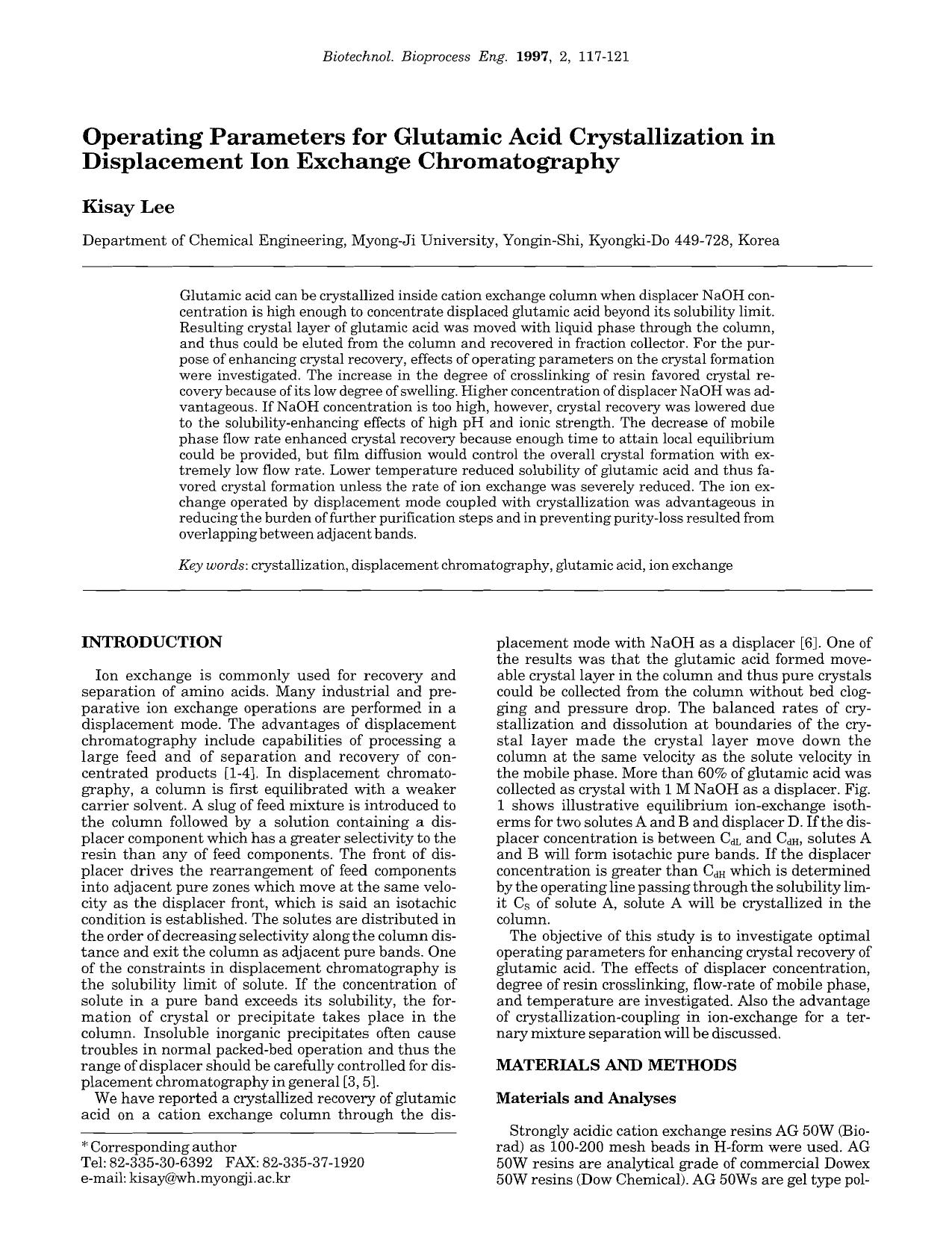 Operating parameters for glutamic acid crystallization in displacement ion exchange chromatography by Unknown