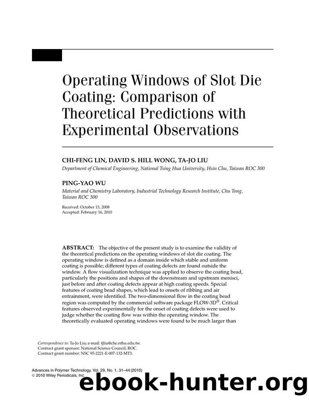 Operating windows of slot die coating: Comparison of theoretical predictions with experimental observations by Unknown