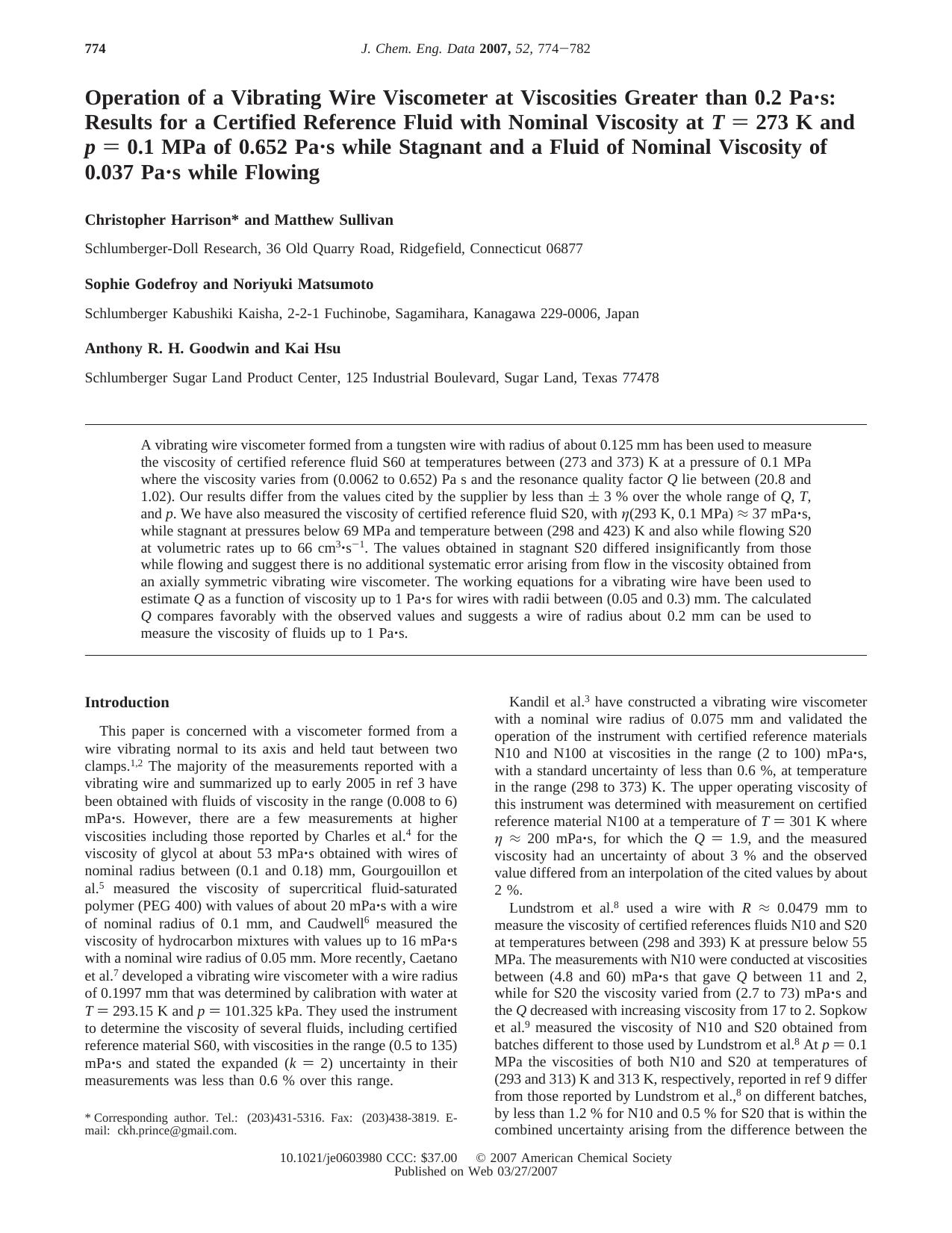 Operation of a Vibrating Wire Viscometer at Viscosities Greater than 0.2 Pa.s: Results for a Certified Reference Fluid with Nominal Viscosity at T = 273 K and p = 0.1 MPa of 0.652 by unknow