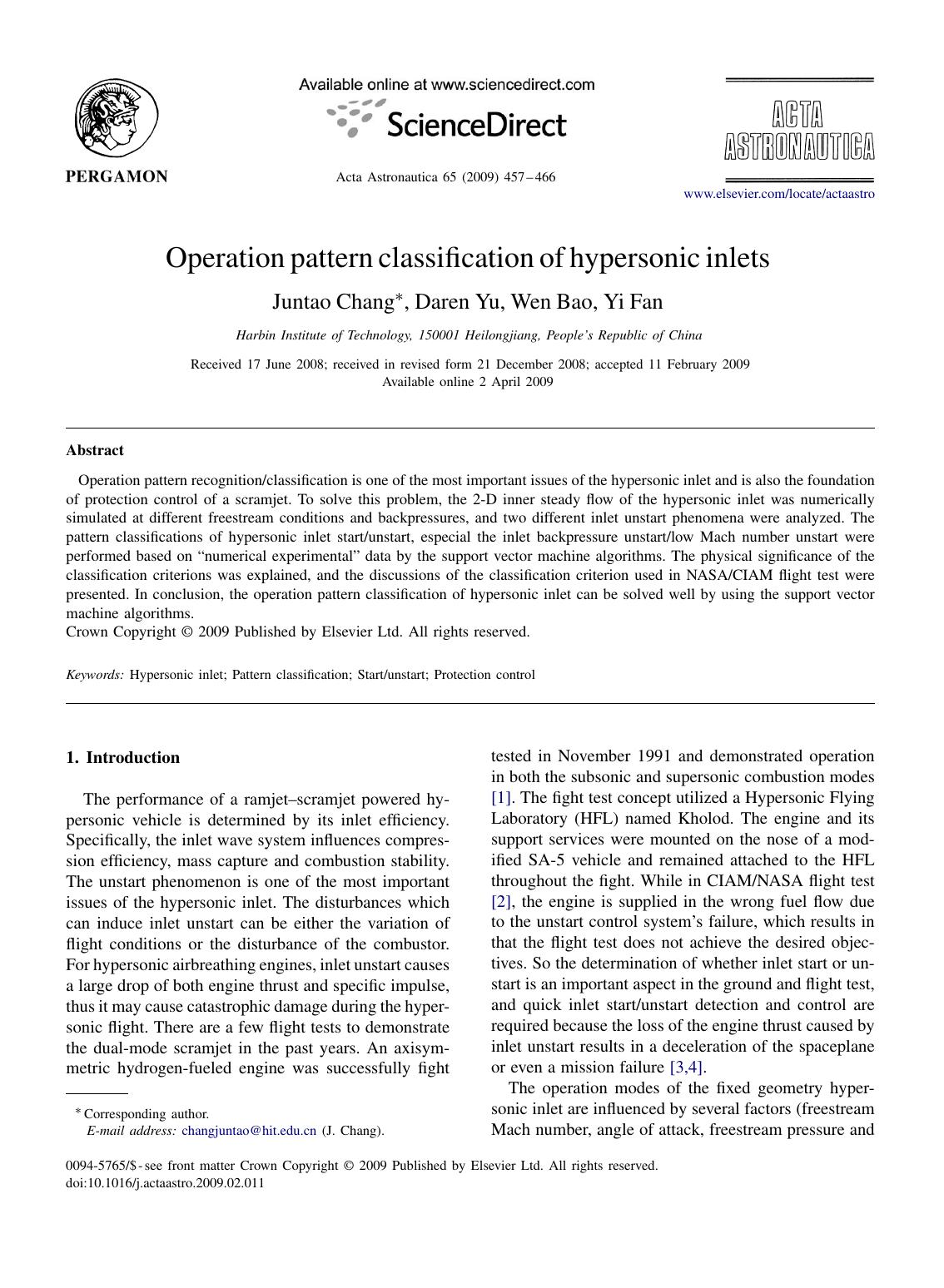 Operation pattern classification of hypersonic inlets by Juntao Chang; Daren Yu; Wen Bao; Yi Fan